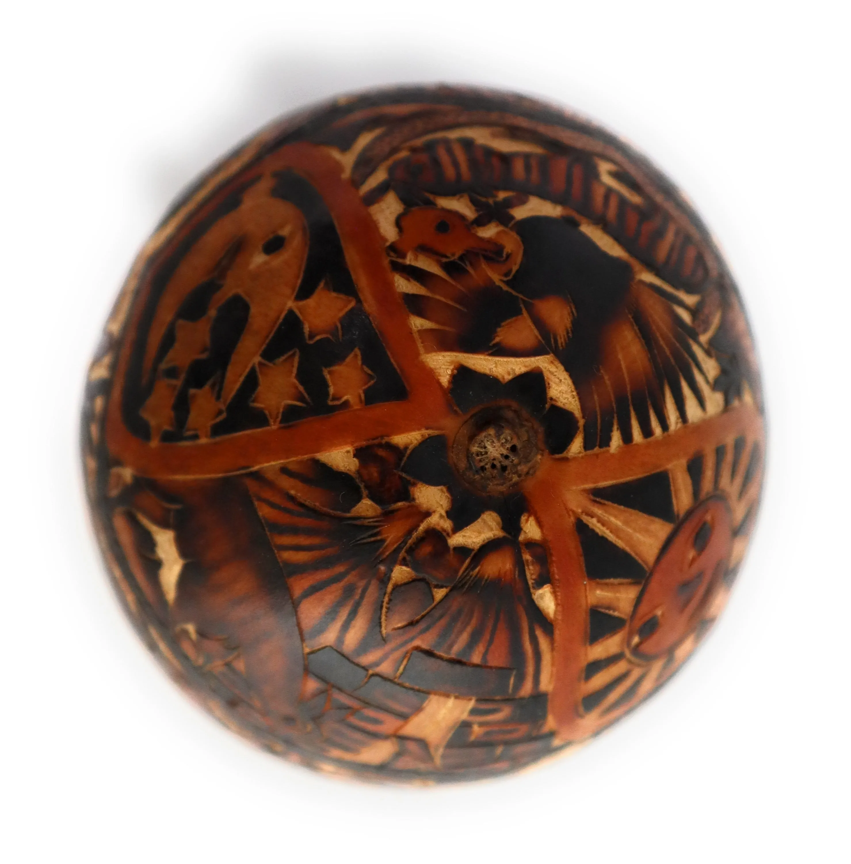 Gourd Art. Hand Carved Gourd. Complex Decorated Gourd Country Life Style & Inca Trilogy.  Diameter: 4 Inch.