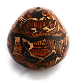 Gourd Art. Hand Carved Gourd. Complex Decorated Gourd Country Life Style & Inca Trilogy.  Diameter: 4 Inch.
