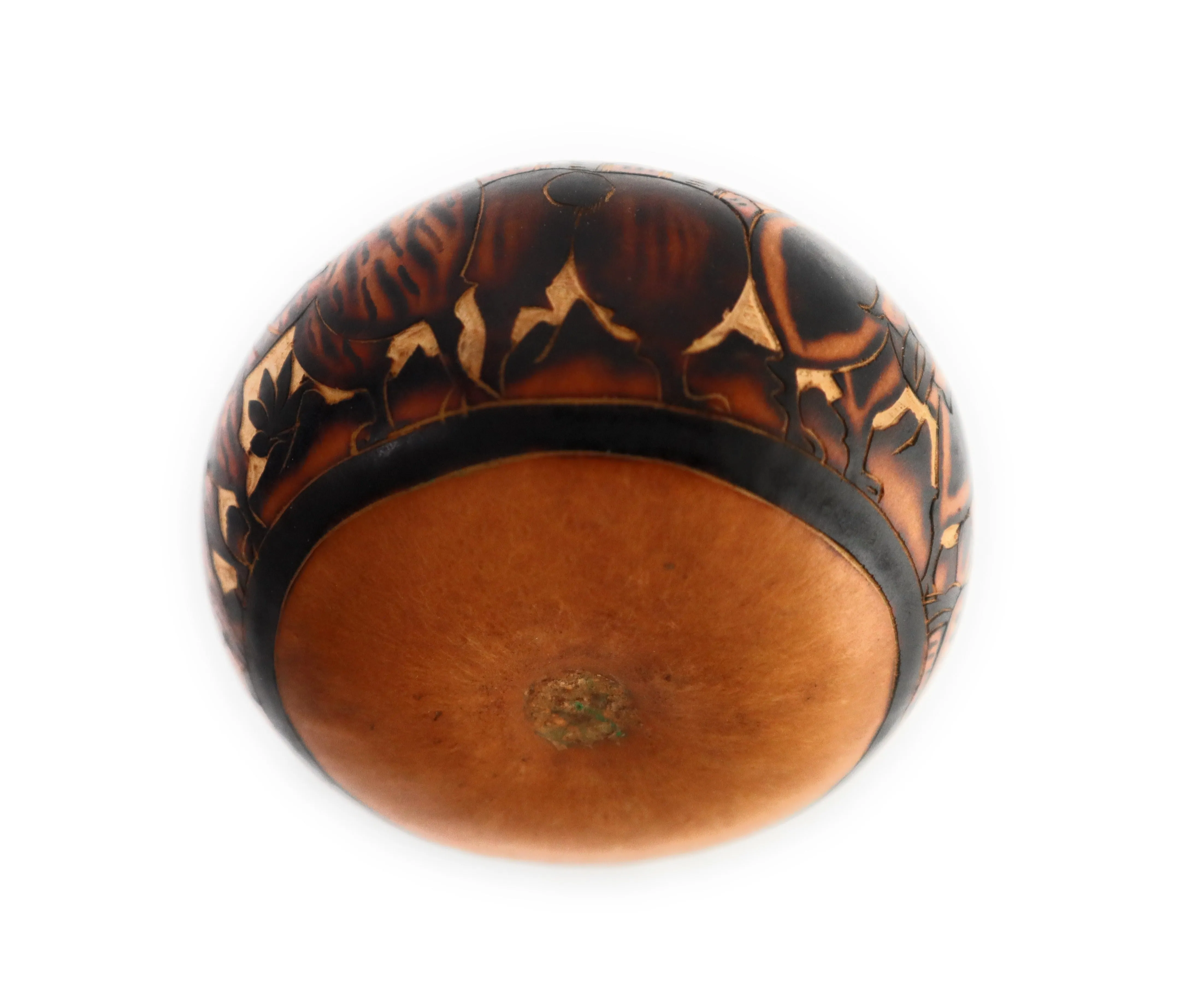 Gourd Art. Hand Carved Gourd. Complex Decorated Gourd Country Life Style & Inca Trilogy.  Diameter: 4 Inch.