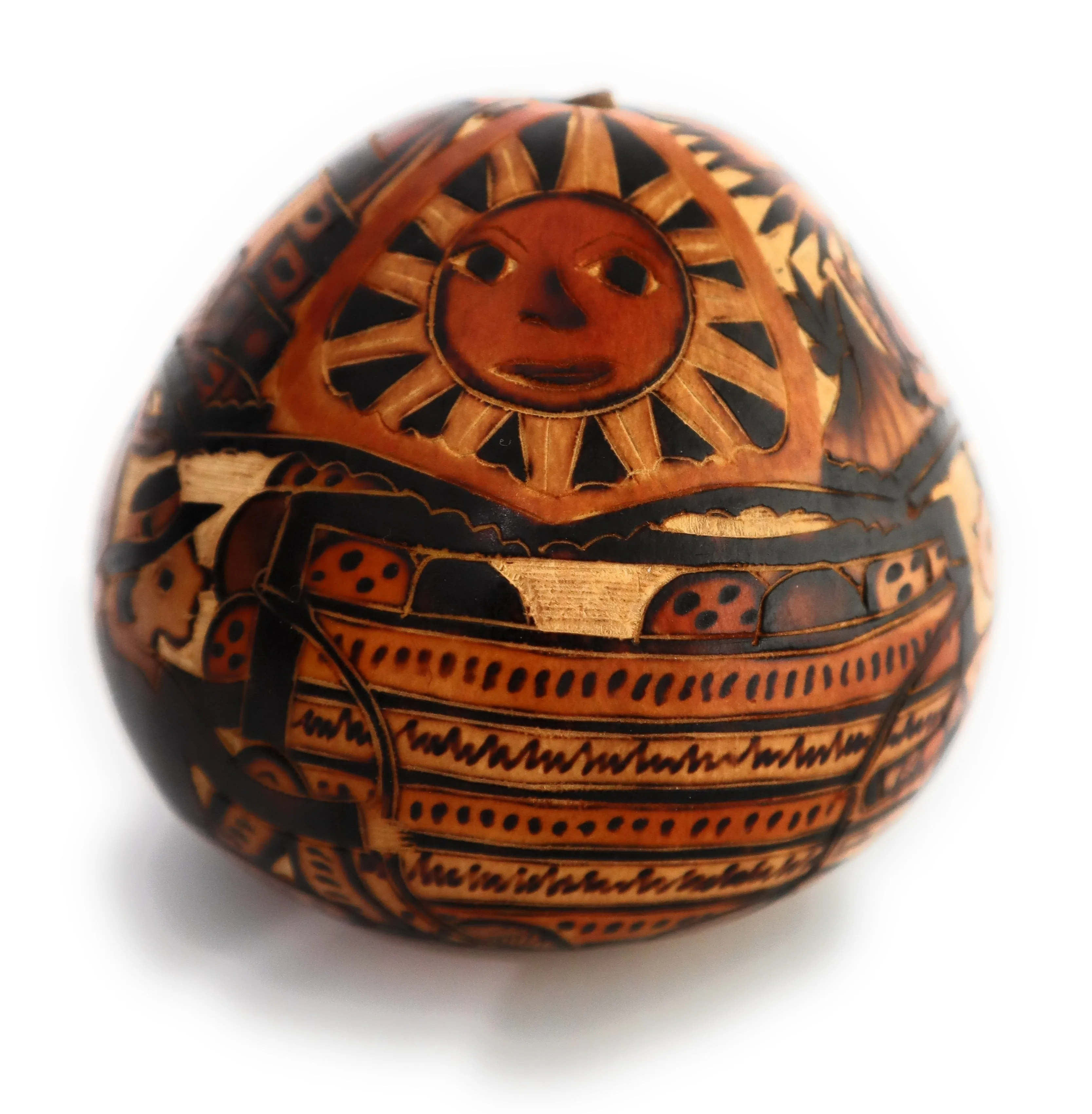 Gourd Art. Hand Carved Gourd. Complex Decorated Gourd Country Life Style & Inca Trilogy.  Diameter: 4 Inch.