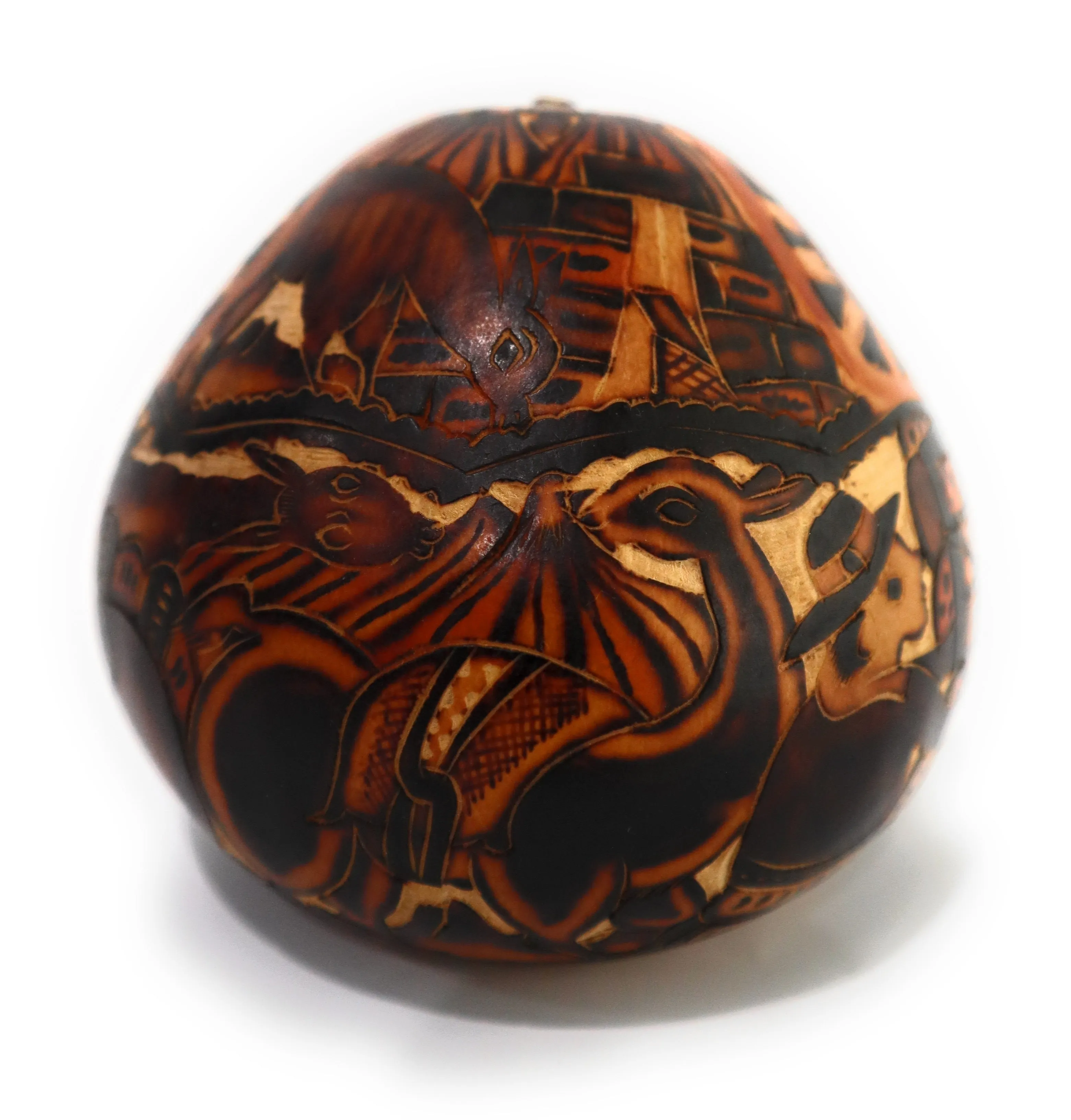 Gourd Art. Hand Carved Gourd. Complex Decorated Gourd Country Life Style & Inca Trilogy.  Diameter: 4 Inch.