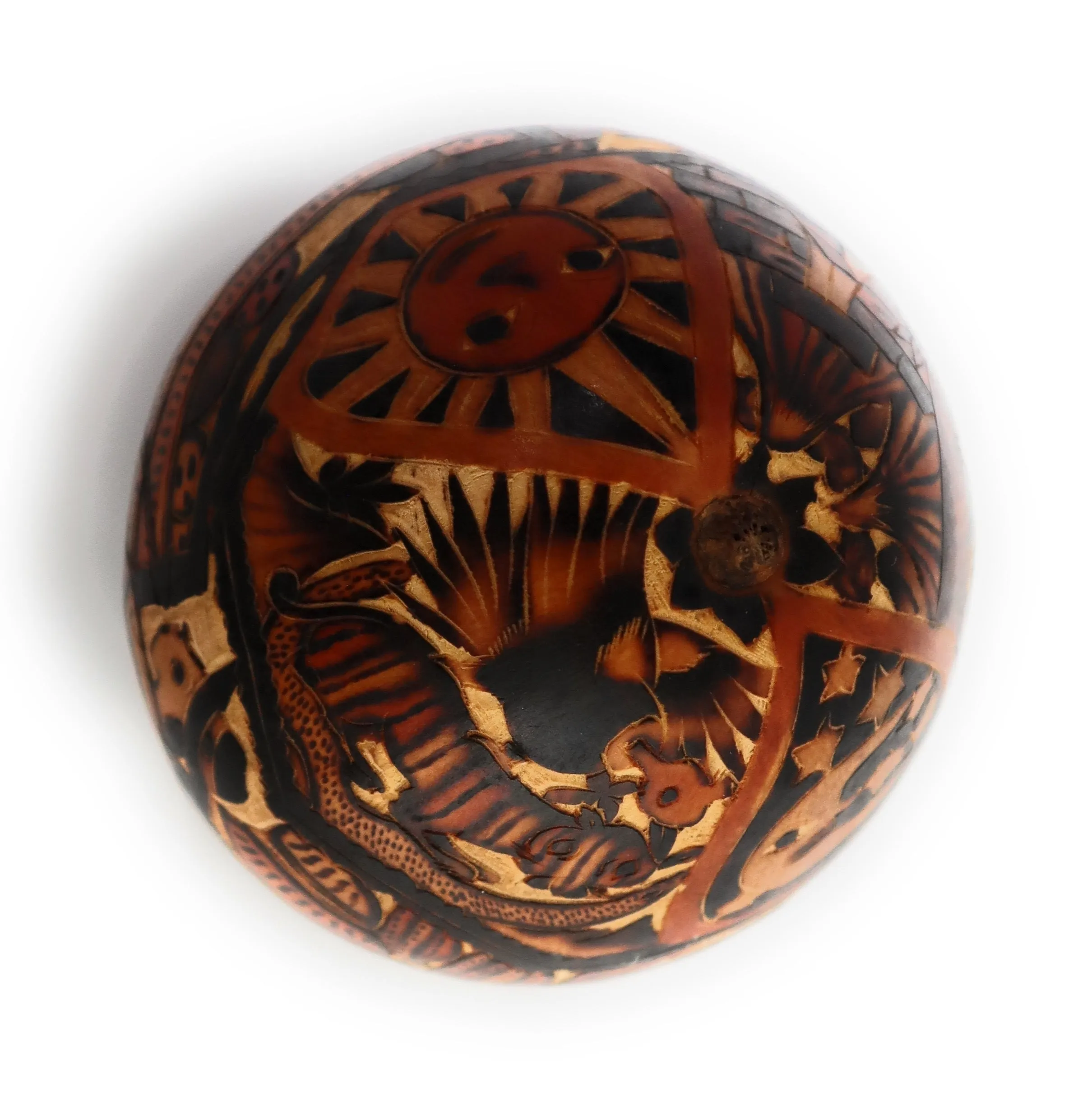 Gourd Art. Hand Carved Gourd. Decorated Gourd Country Life Style & Inca Trilogy. Diameter: 4 Inch.