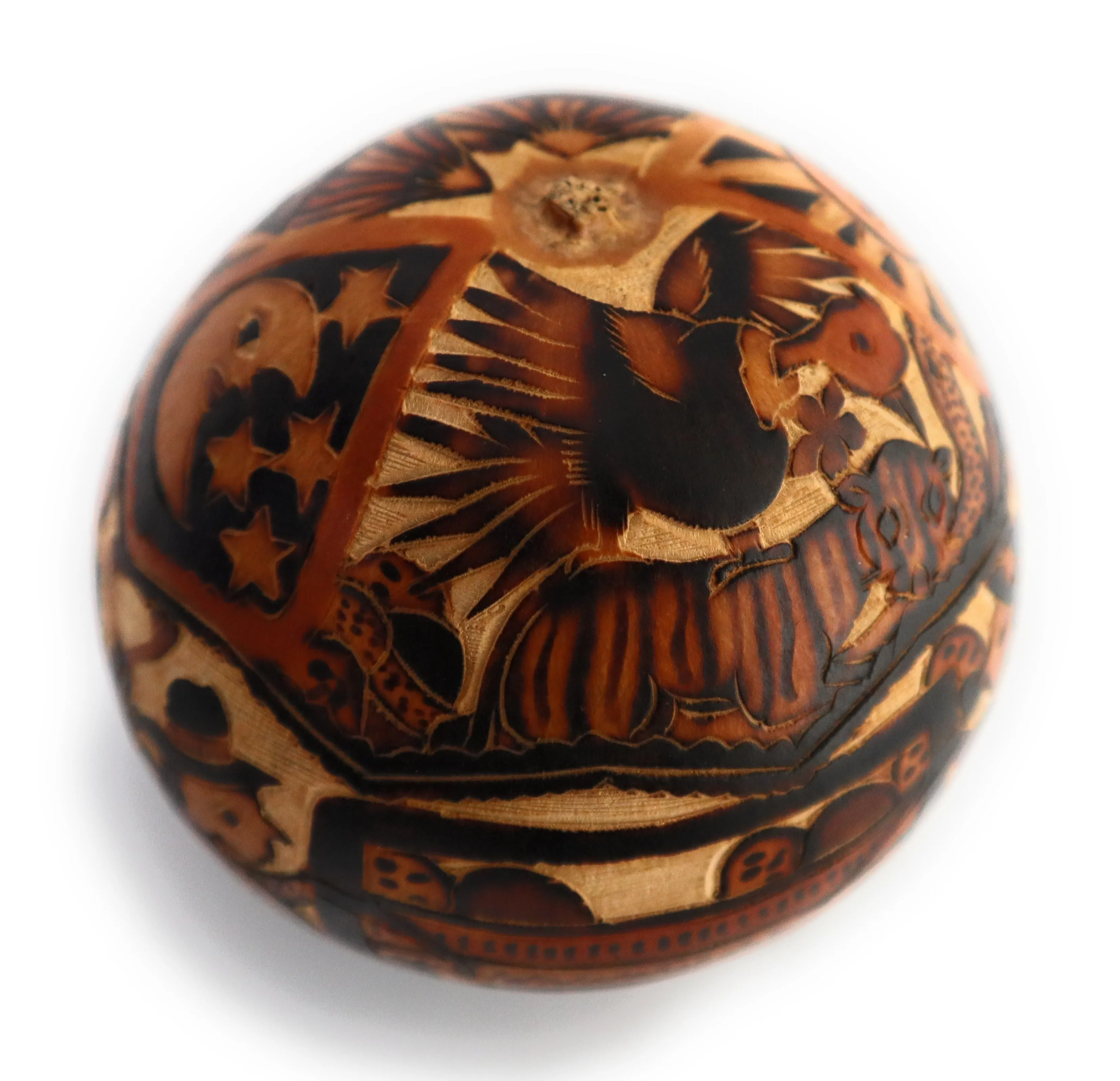 Gourd Art. Hand Carved Gourd. Decorated Gourd Country Life Style & Inca Trilogy. Diameter: 4 Inch.