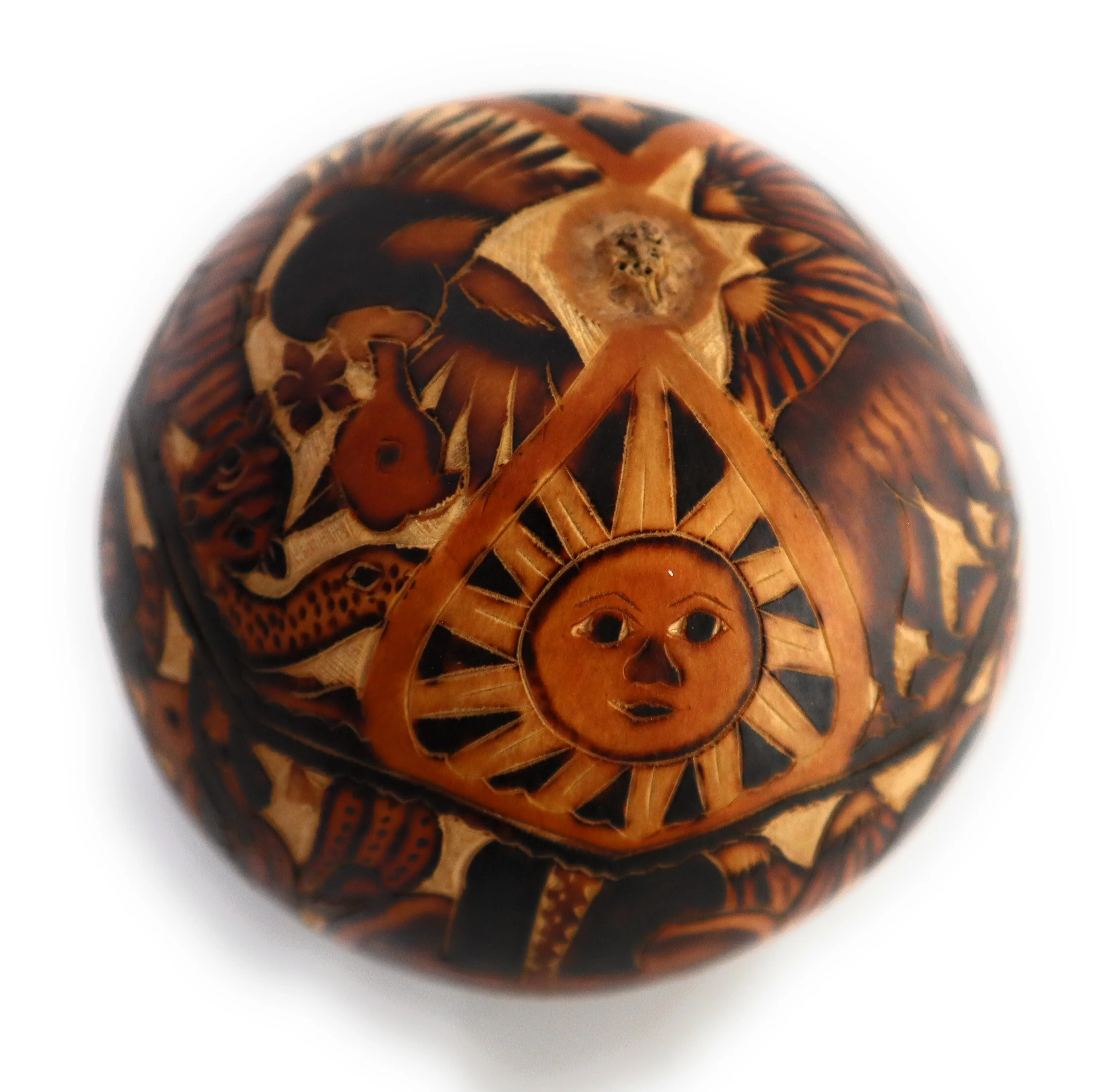 Gourd Art. Hand Carved Gourd. Decorated Gourd Country Life Style & Inca Trilogy. Diameter: 4 Inch.