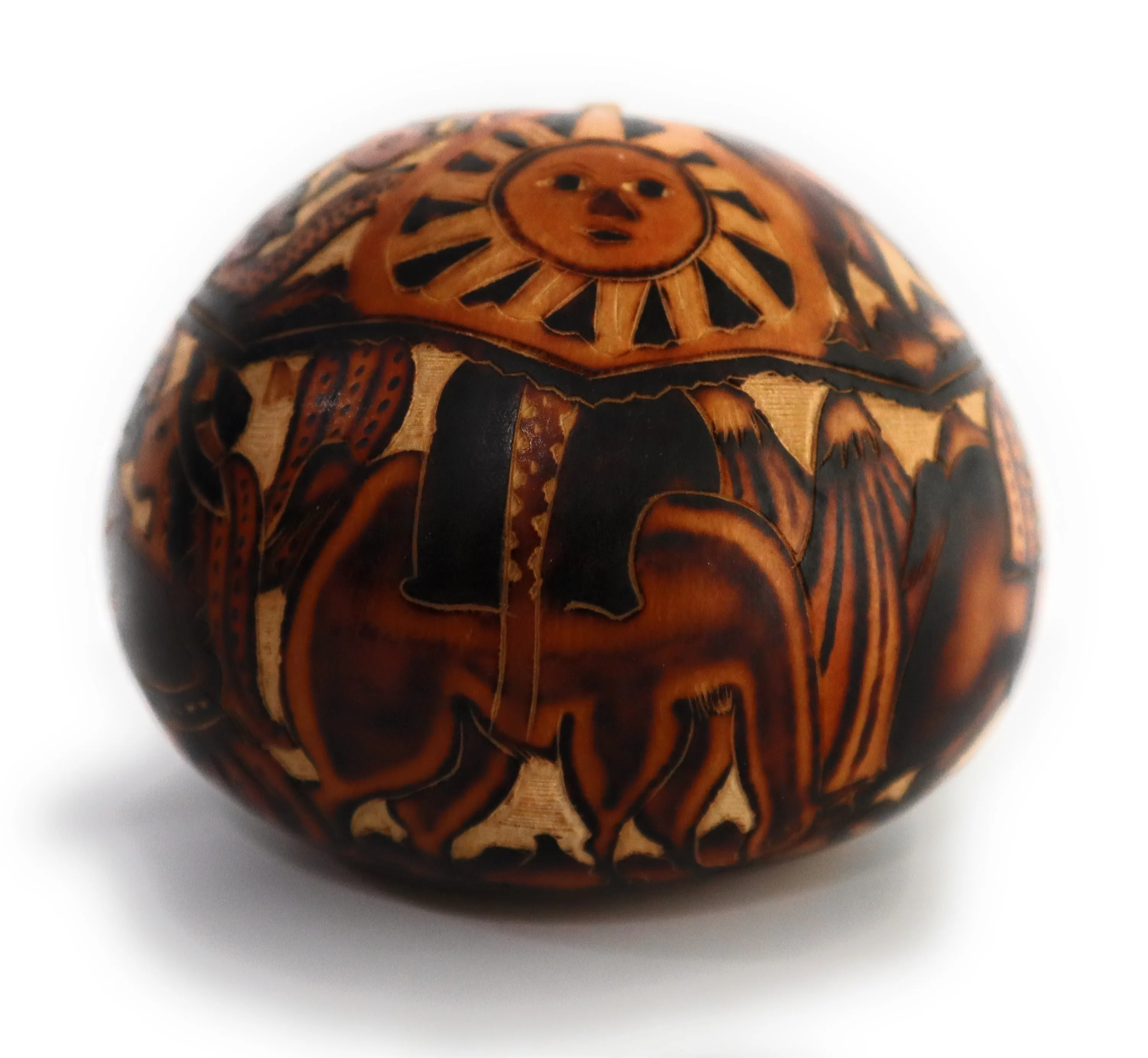 Gourd Art. Hand Carved Gourd. Decorated Gourd Country Life Style & Inca Trilogy. Diameter: 4 Inch.