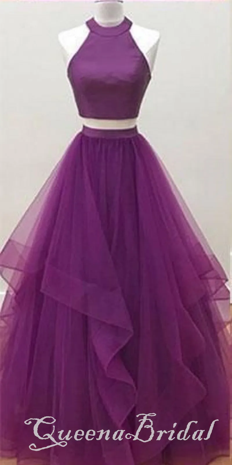 Grape Halter Two Pieces A-line Layer Fluffy Evening Gown Maxi Long Evening Party Prom Dresses ,WGP1073
