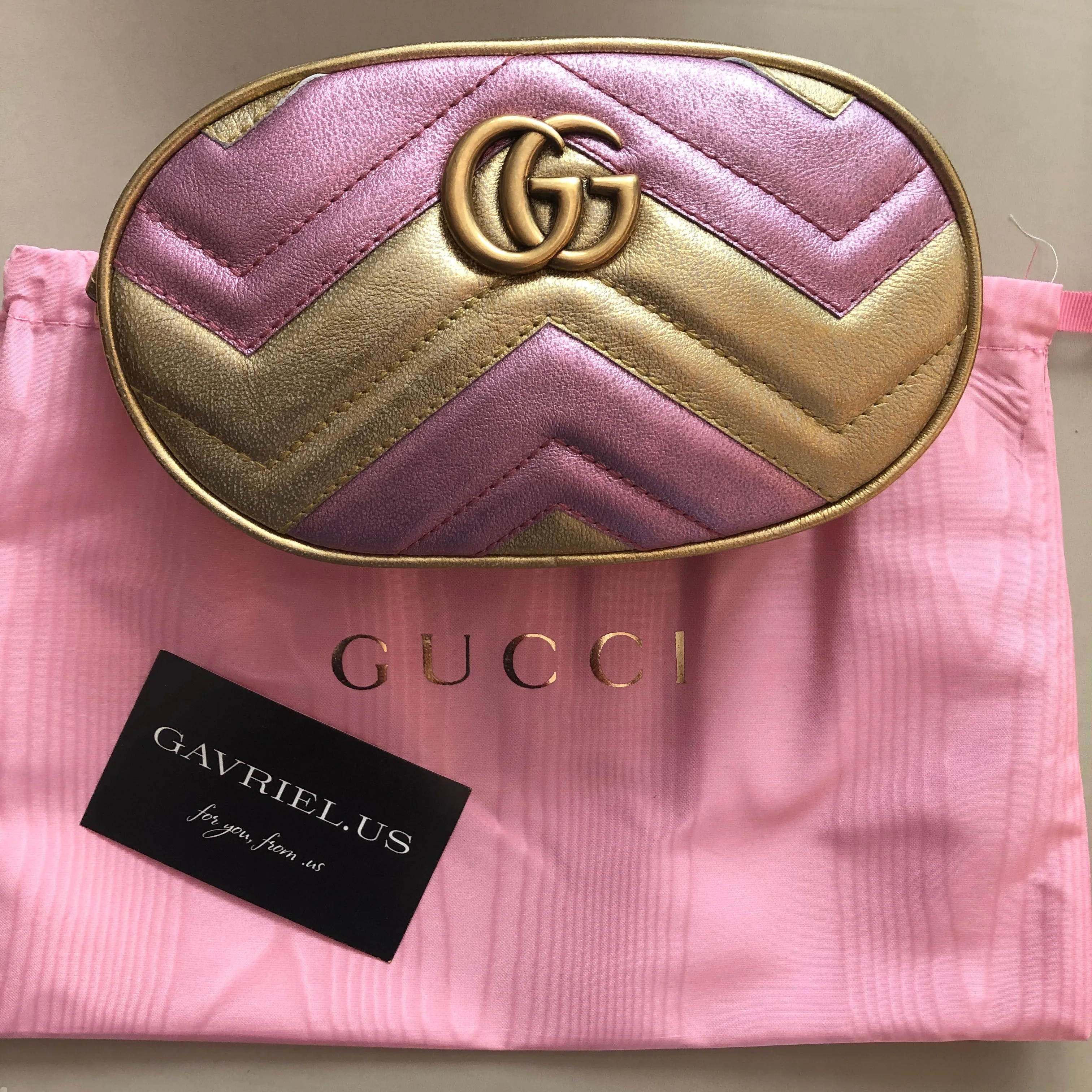 Gucci GG Metallic Matelasse Marmont Belt Bag in Pink and Yellow