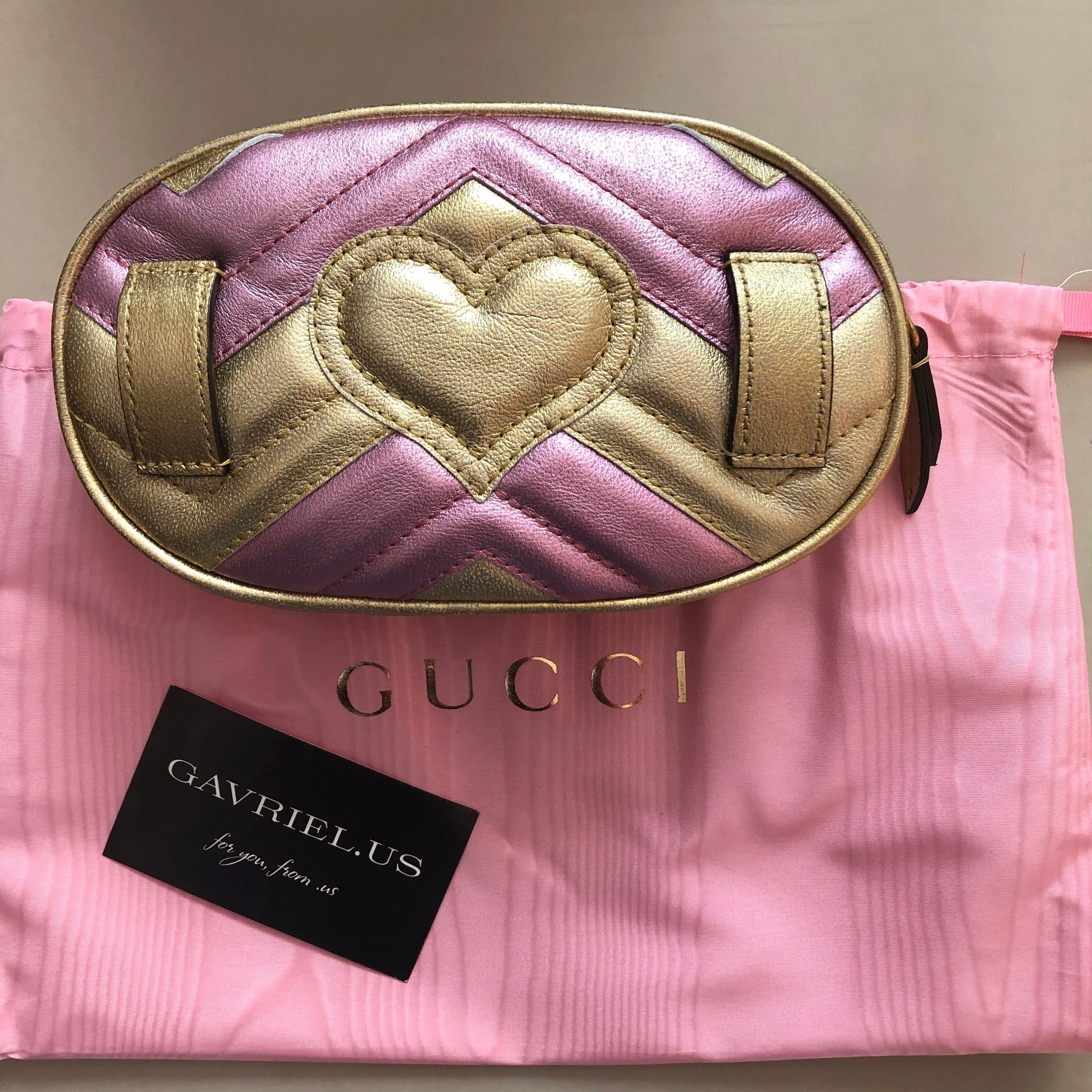 Gucci GG Metallic Matelasse Marmont Belt Bag in Pink and Yellow
