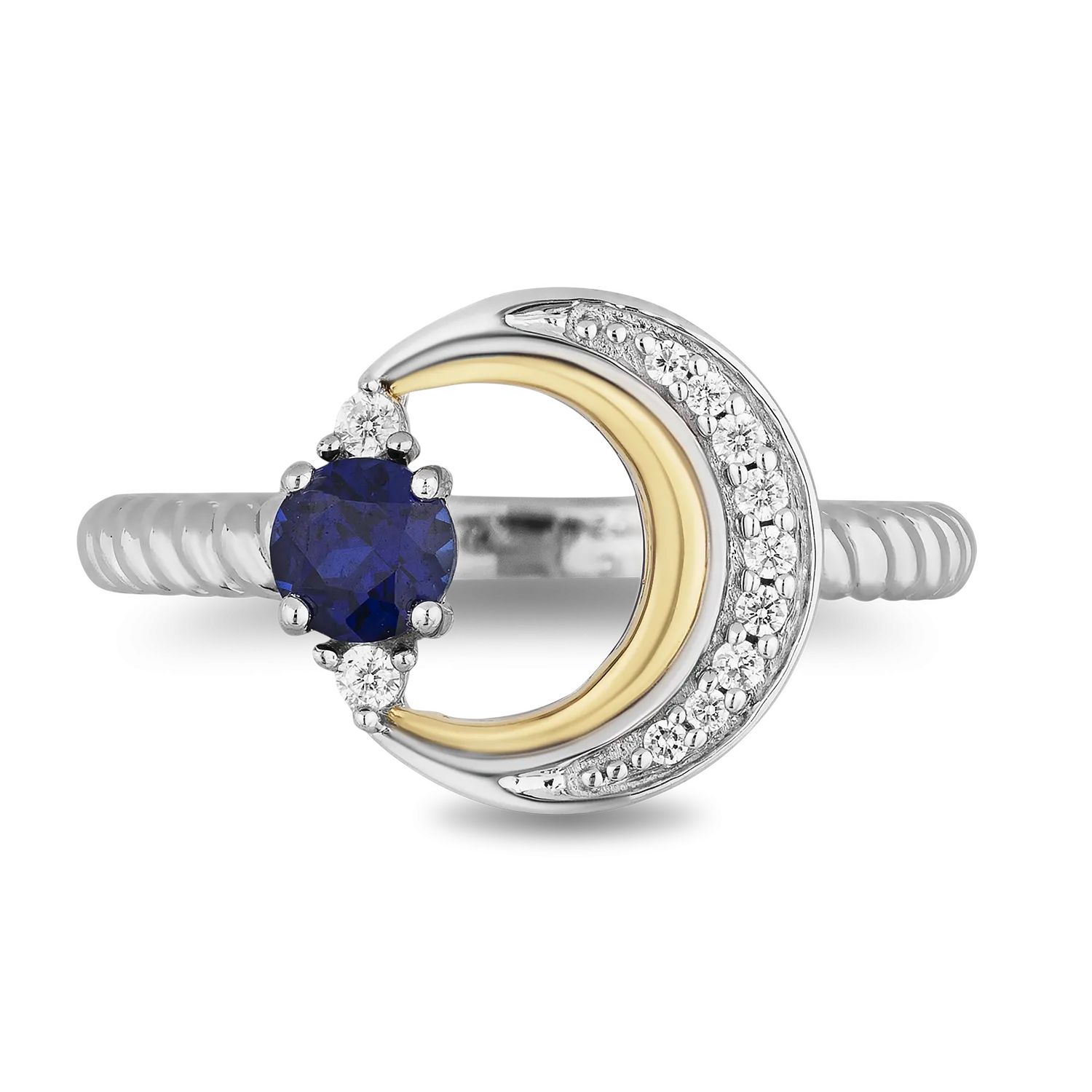 Hallmark Fine Jewelry Crescent Moon Ring in Sterling Silver & 14K Yellow Gold with Created Sapphire & Diamonds