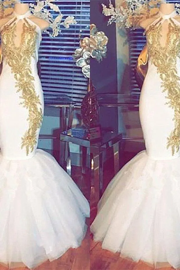 Halter Gold Beads Mermaid Prom Dresses Sleeveless White Evening Gown With Appliques