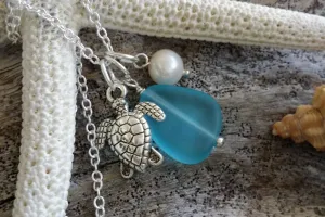 Handmade in Hawaii, Pacific blue blue sea glass beach glass necklace,Sea turtle charm ,Natural  pearl,   gift box