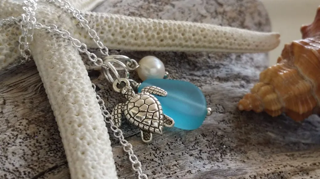 Handmade in Hawaii, Pacific blue blue sea glass beach glass necklace,Sea turtle charm ,Natural  pearl,   gift box