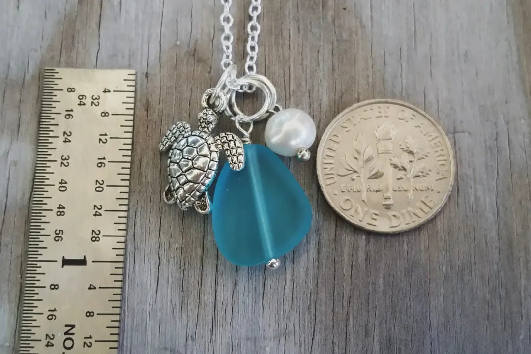Handmade in Hawaii, Pacific blue blue sea glass beach glass necklace,Sea turtle charm ,Natural  pearl,   gift box