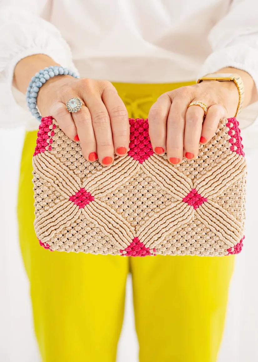 Handmade Macramé Clutch- Champagne & Pink