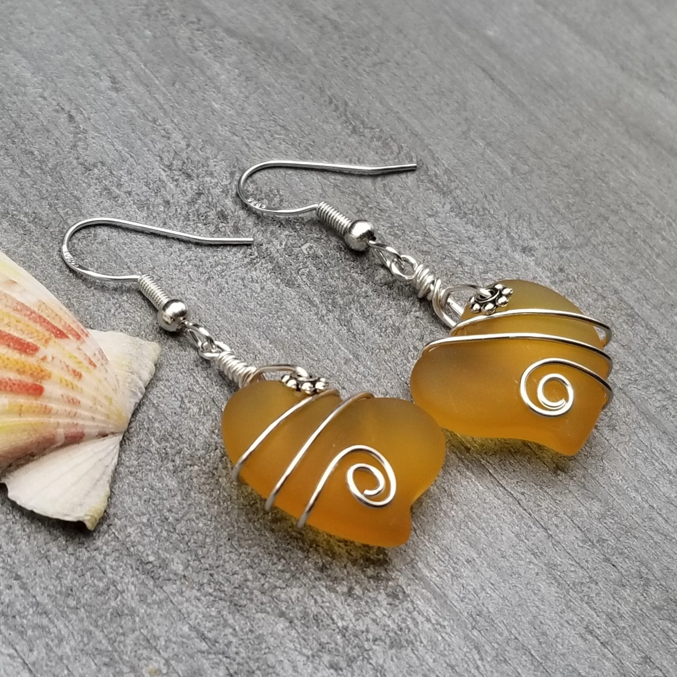 Hawaiian Jewelry Sea Glass Earrings, Wire Twin Heart Earrings Yellow Earrings, Beach Jewelry (November Birthstone Jewelry)