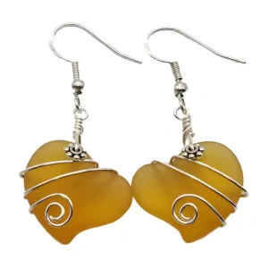 Hawaiian Jewelry Sea Glass Earrings, Wire Twin Heart Earrings Yellow Earrings, Beach Jewelry (November Birthstone Jewelry)