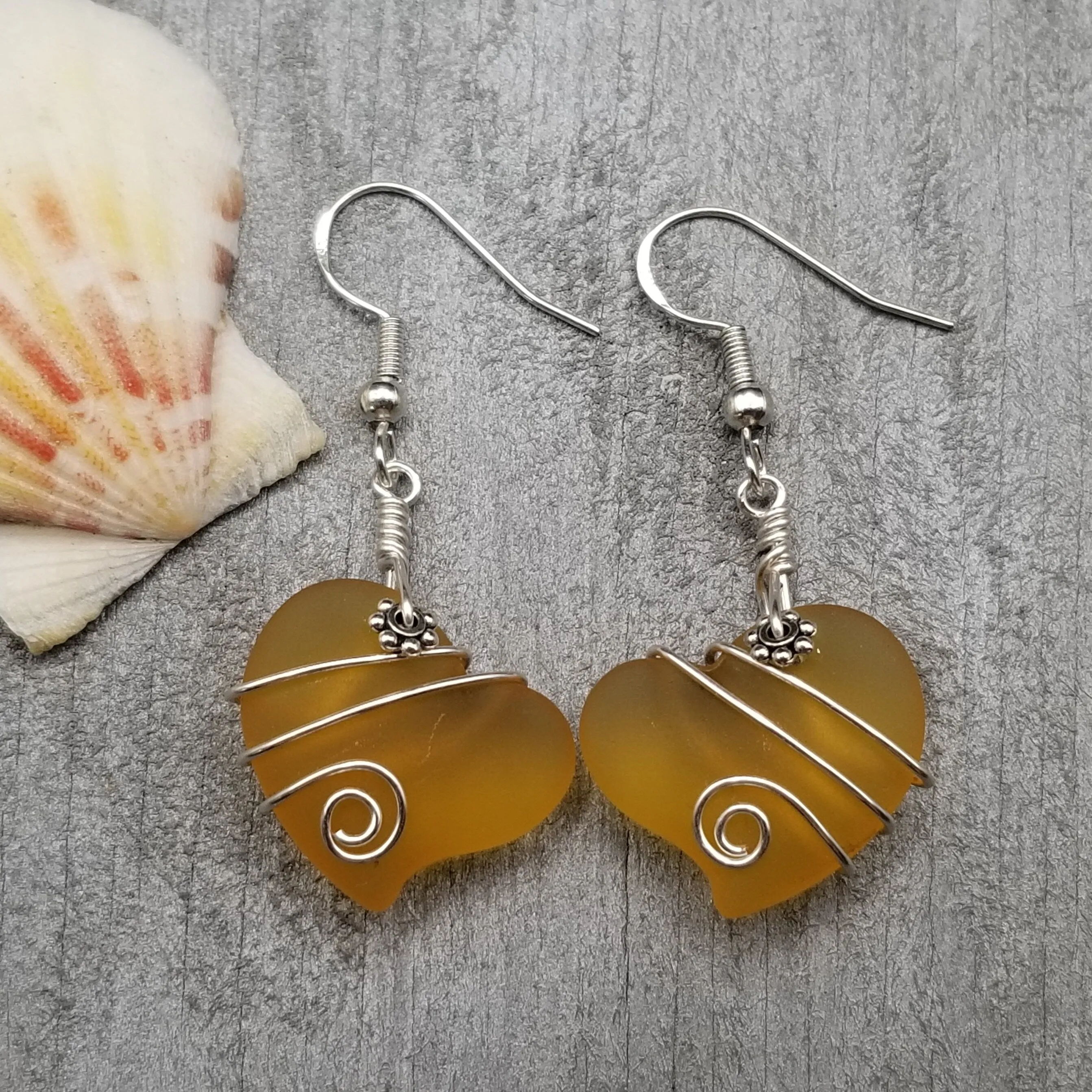 Hawaiian Jewelry Sea Glass Earrings, Wire Twin Heart Earrings Yellow Earrings, Beach Jewelry (November Birthstone Jewelry)