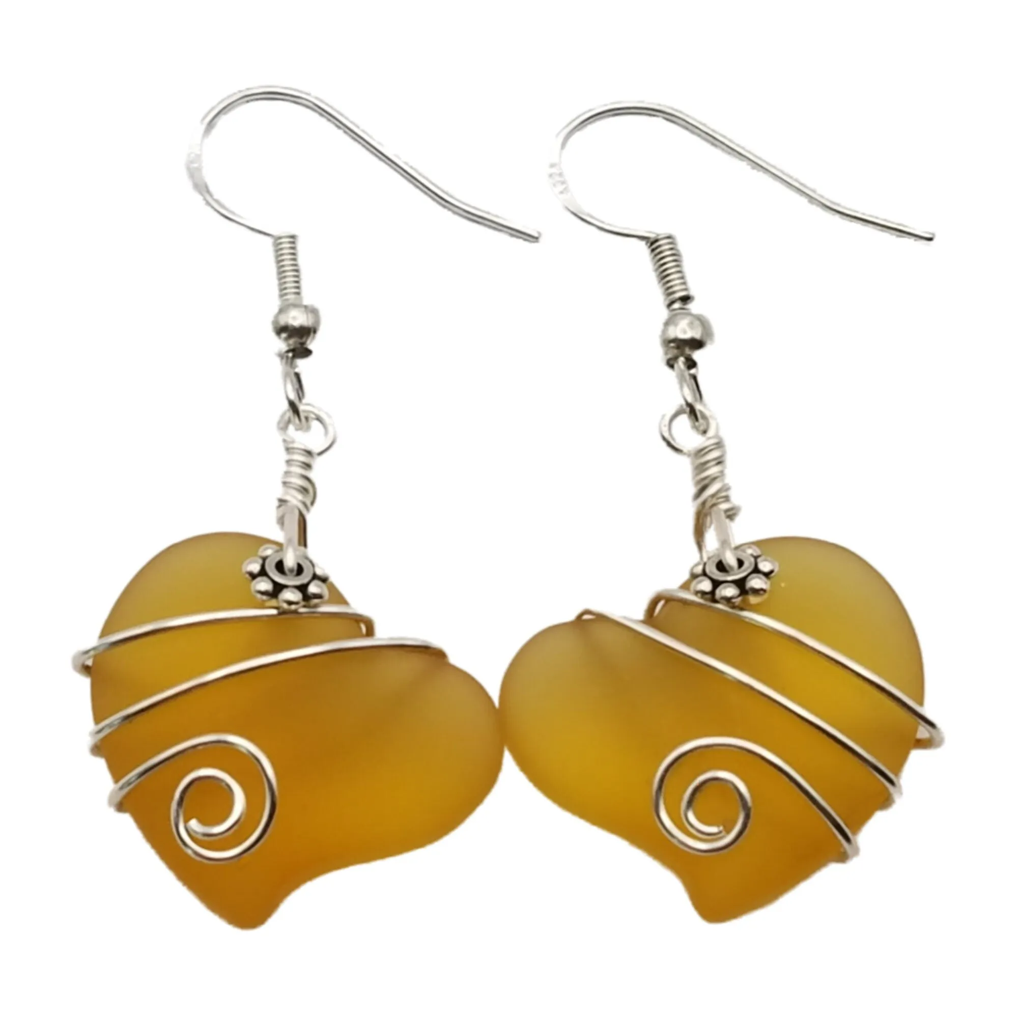 Hawaiian Jewelry Sea Glass Earrings, Wire Twin Heart Earrings Yellow Earrings, Beach Jewelry (November Birthstone Jewelry)