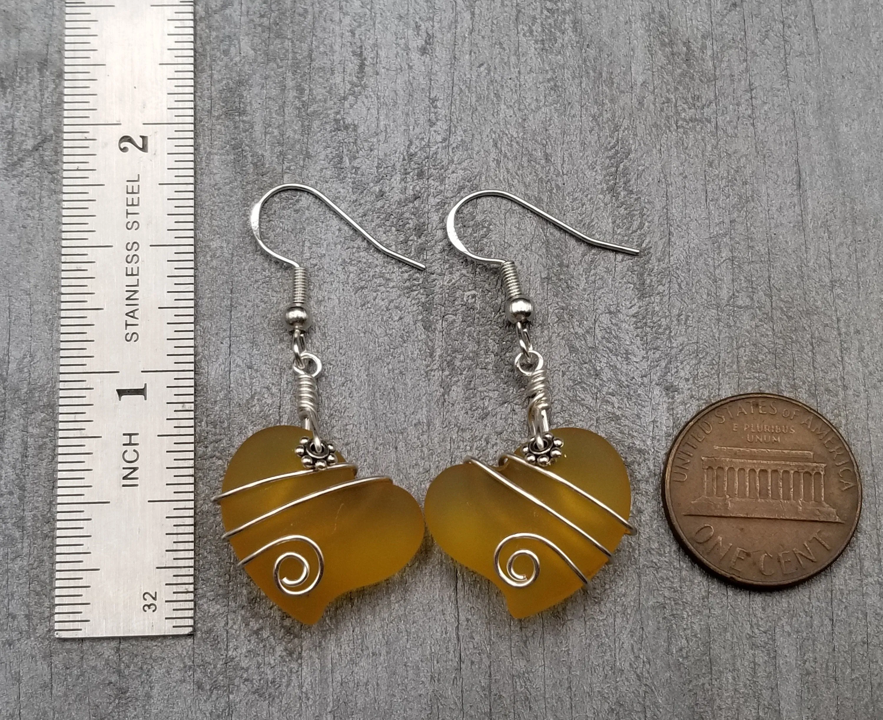 Hawaiian Jewelry Sea Glass Earrings, Wire Twin Heart Earrings Yellow Earrings, Beach Jewelry (November Birthstone Jewelry)