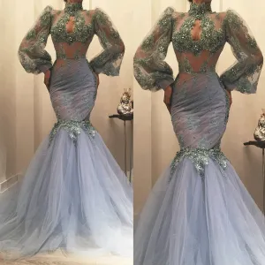 high neck blue evening dresses 2020 flare sleeve lace appliqué beaded mermaid elegant evening gown