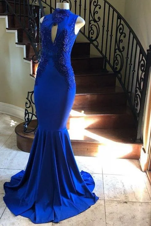 High Neck Keyhole Appliques Sleeveless Mermaid Evening Dresses
