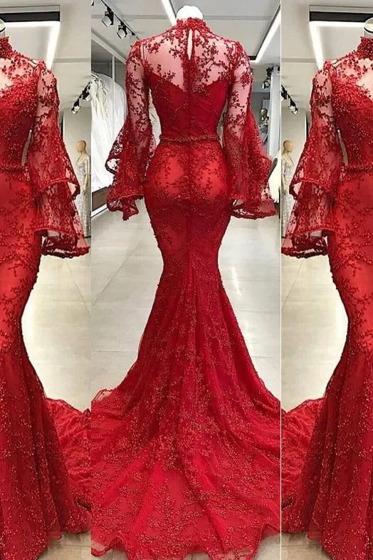 High Neck Long Sleevess Mermaid Beading Applique Chapel Train Prom Party Gowns
