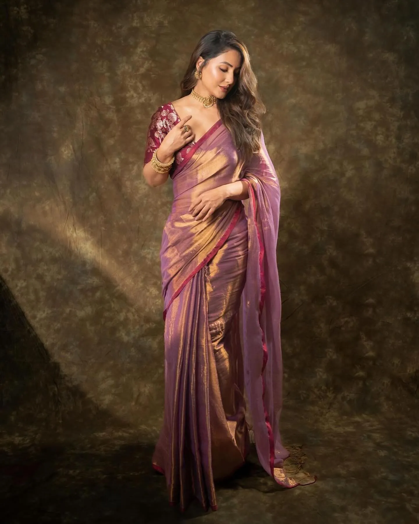 Hina Khan Purple Tissue Silk Saree With Blouse