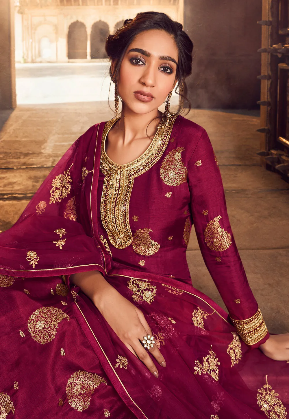 Hot Pink Embroidered Lehenga style suit
