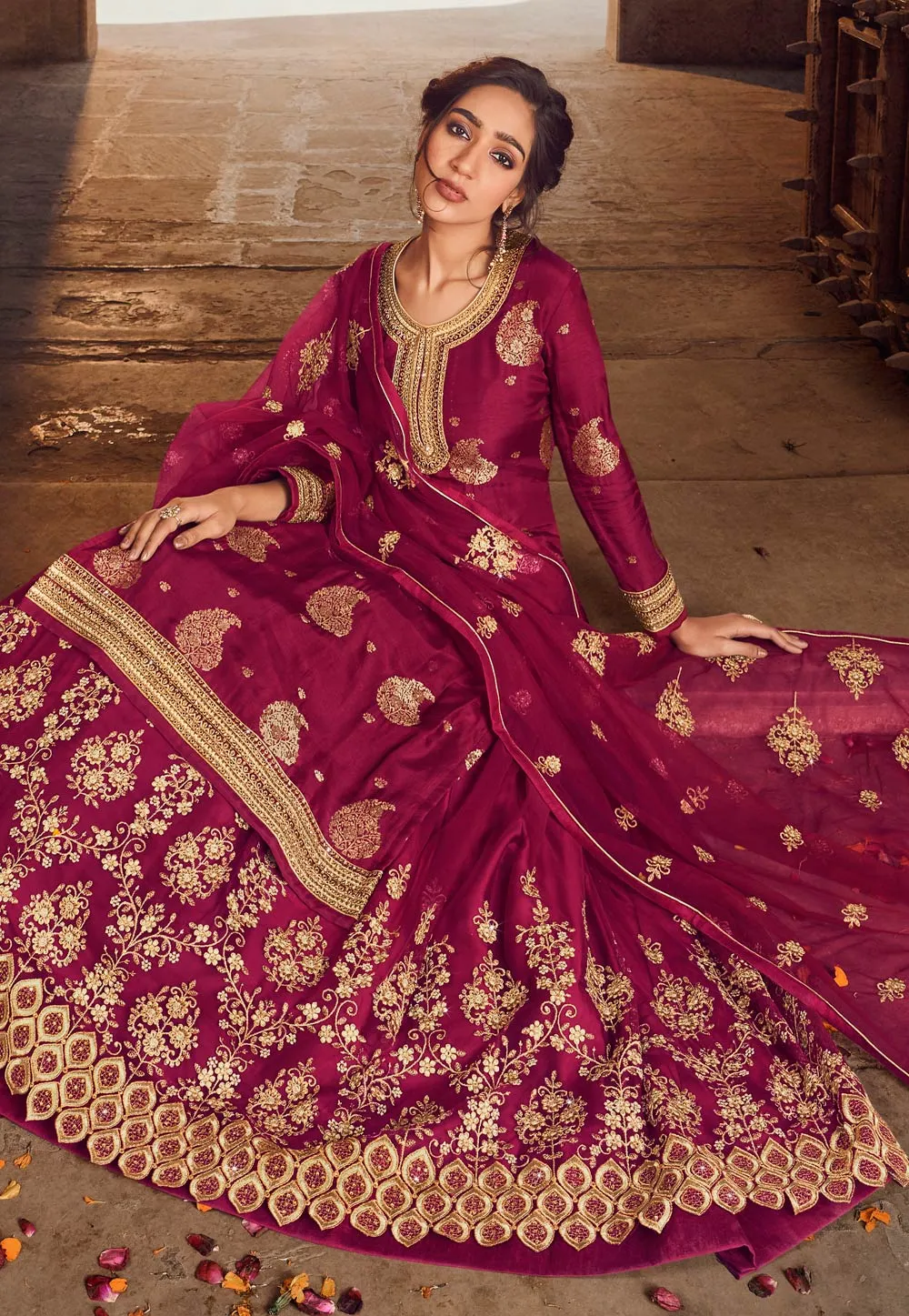 Hot Pink Embroidered Lehenga style suit