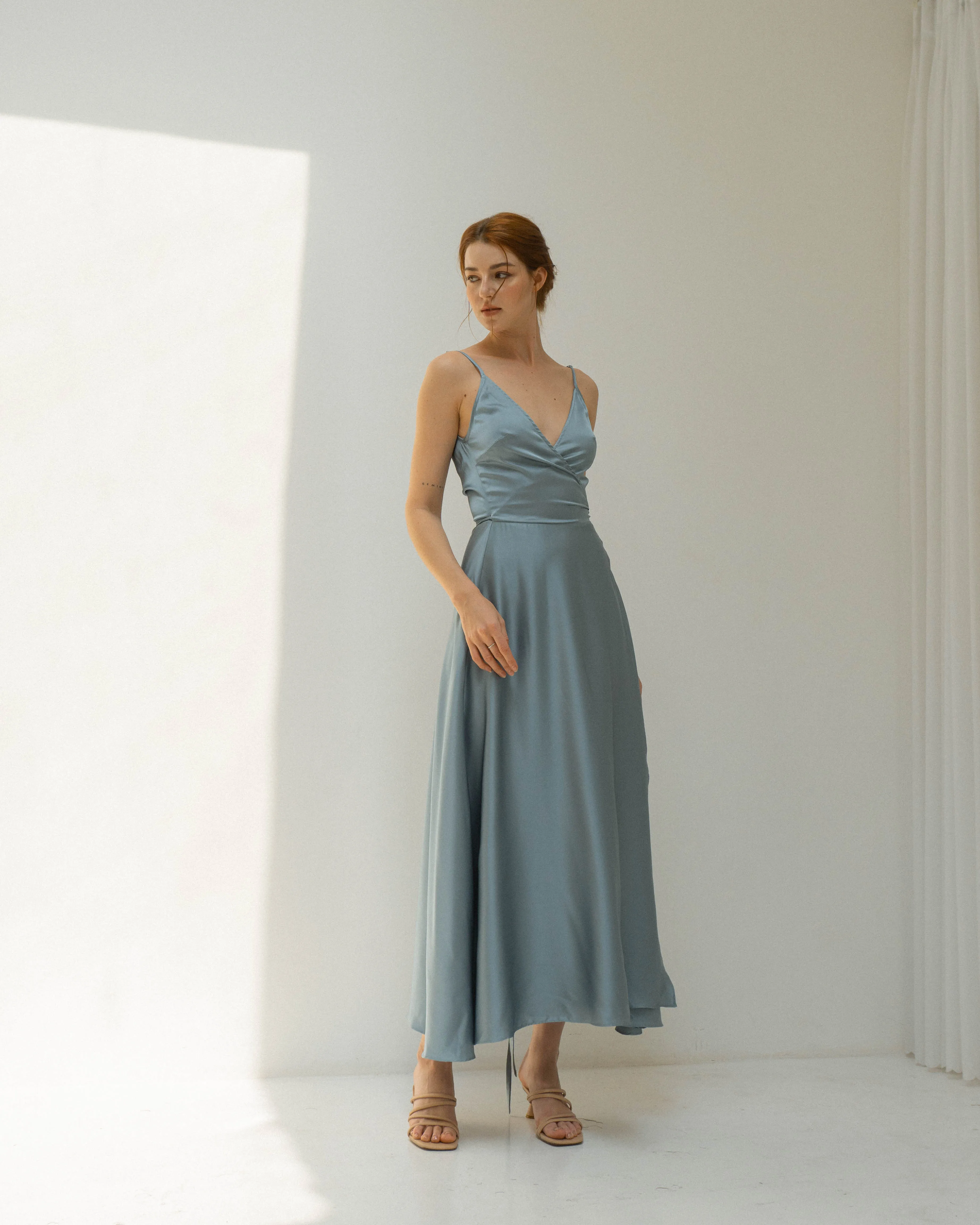 Jaelyn Ankle Length Satin Wrap Dress