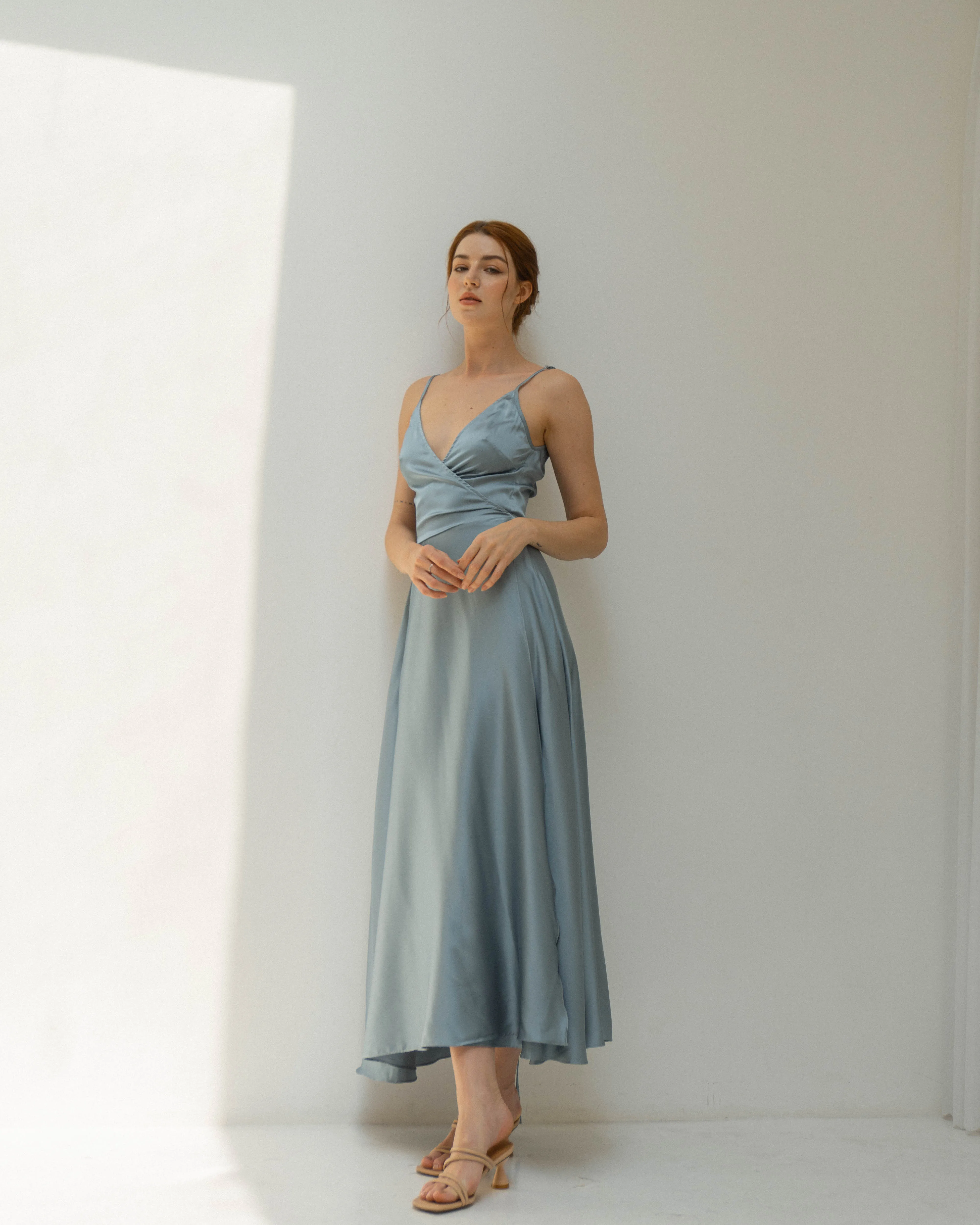 Jaelyn Ankle Length Satin Wrap Dress
