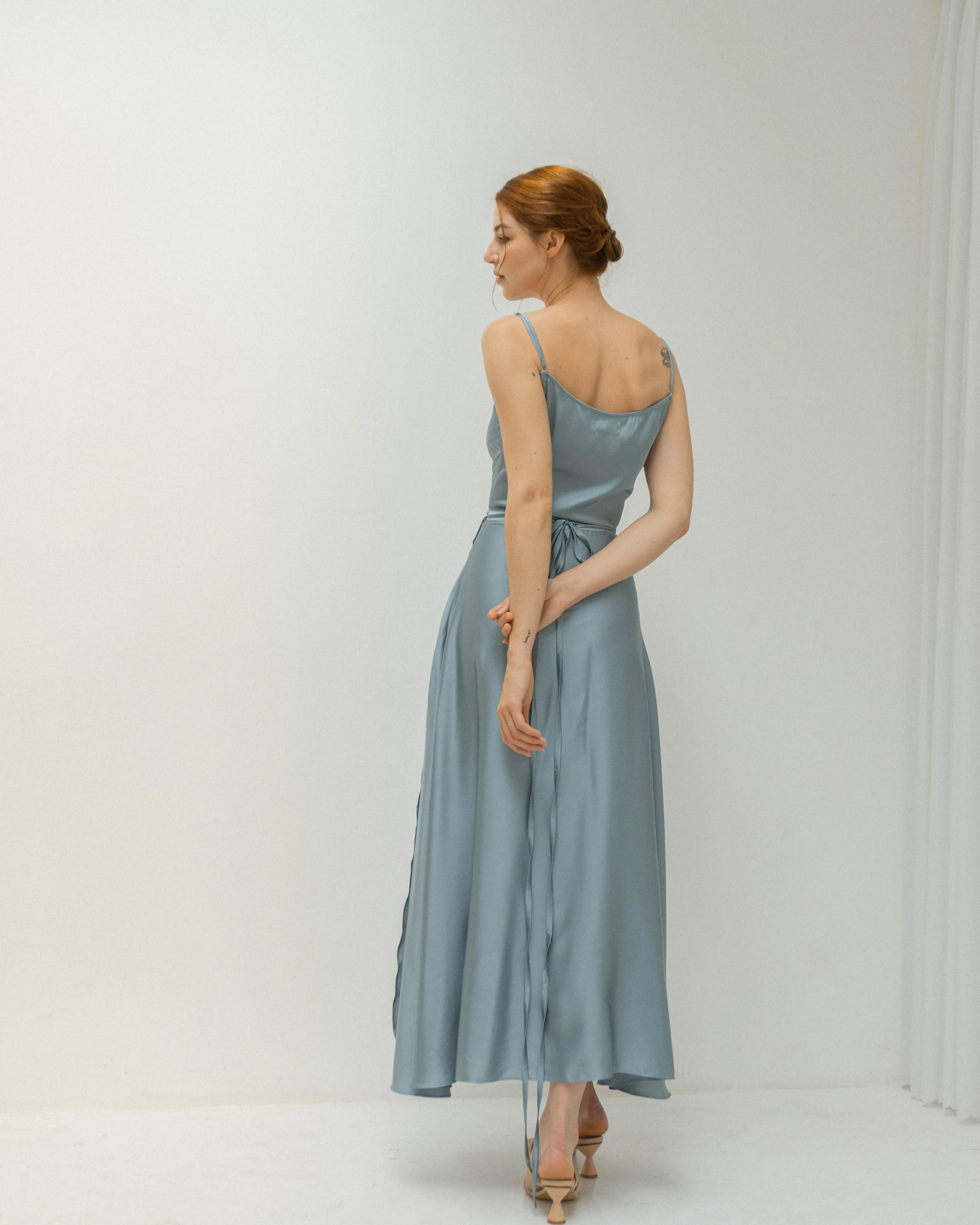 Jaelyn Ankle Length Satin Wrap Dress