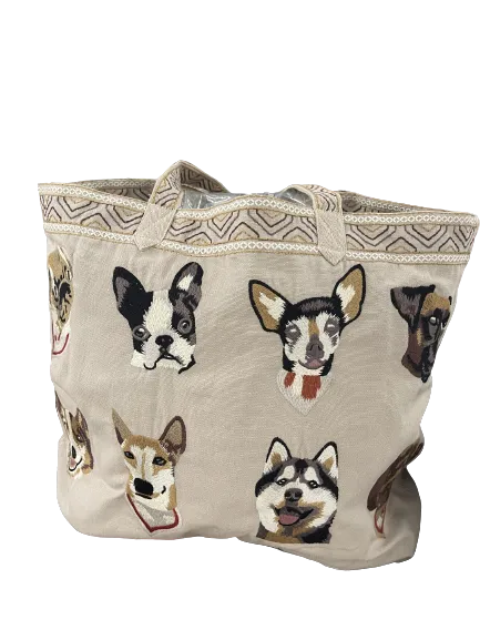 Johnny Was Casper Linen Tote Bag Dogs Ivory Handbag Pet Dog Bag New