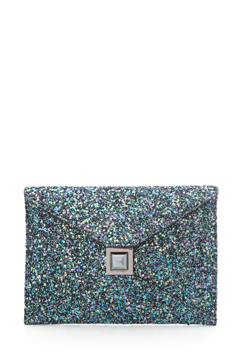 Kara Ross "Prunella" Teal & Black Glitter Clutch