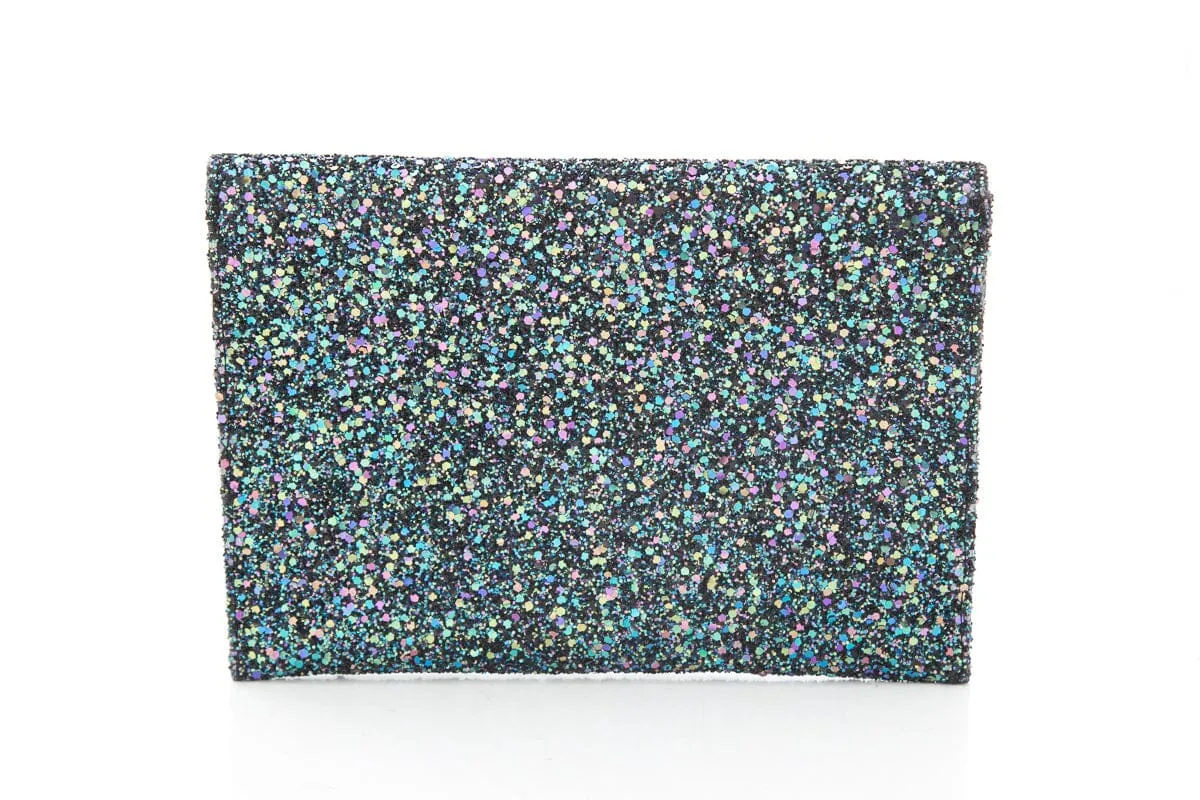 Kara Ross "Prunella" Teal & Black Glitter Clutch