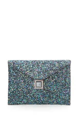 Kara Ross "Prunella" Teal & Black Glitter Clutch