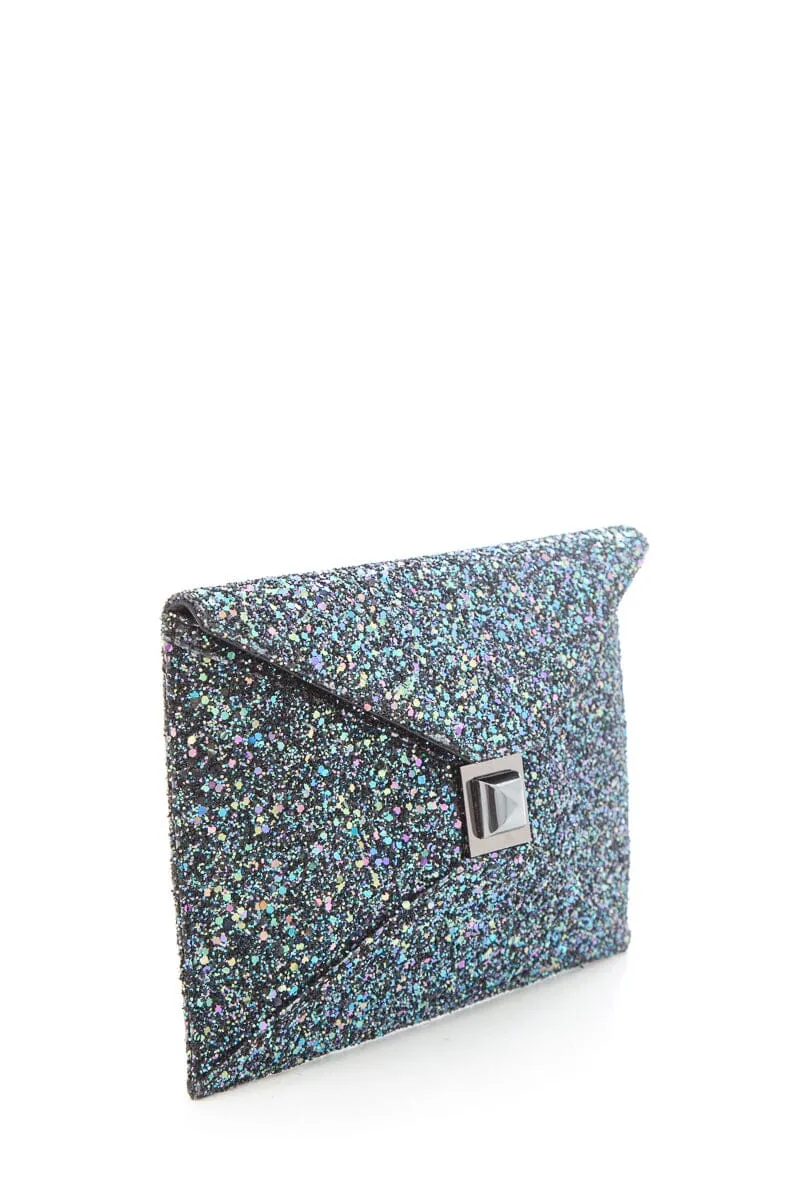 Kara Ross "Prunella" Teal & Black Glitter Clutch