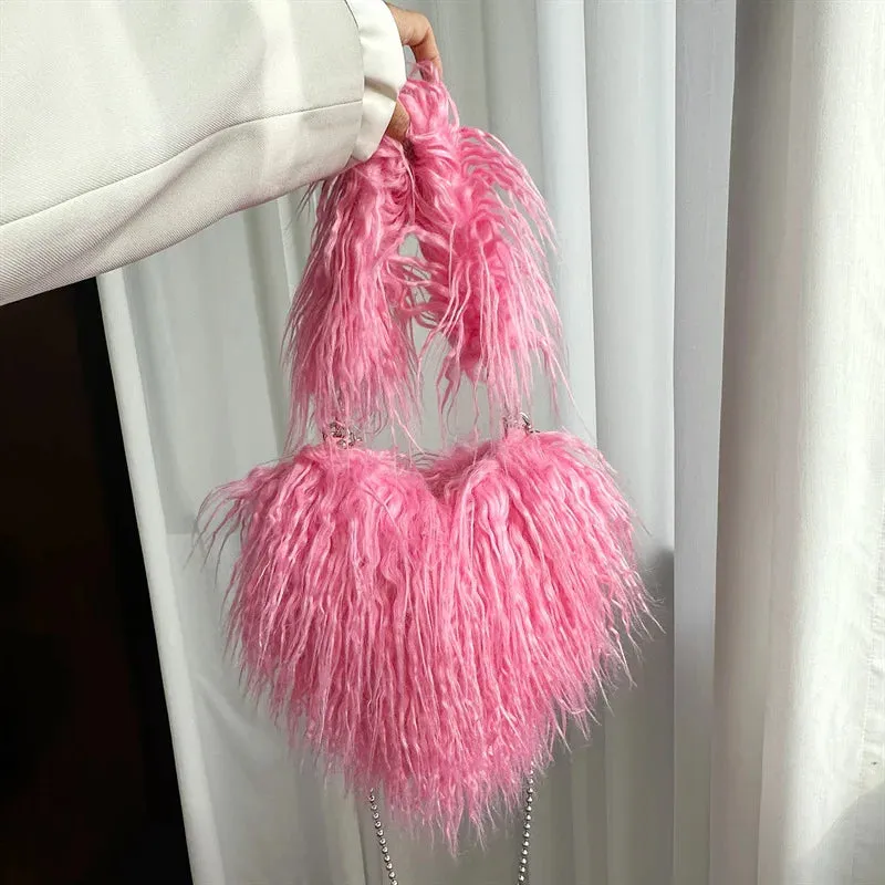Kawaii Heart-Shaped Faux Fur Tote 🌈💕 | Adorable Oversized Handbag for Fashionable Women 👜✨