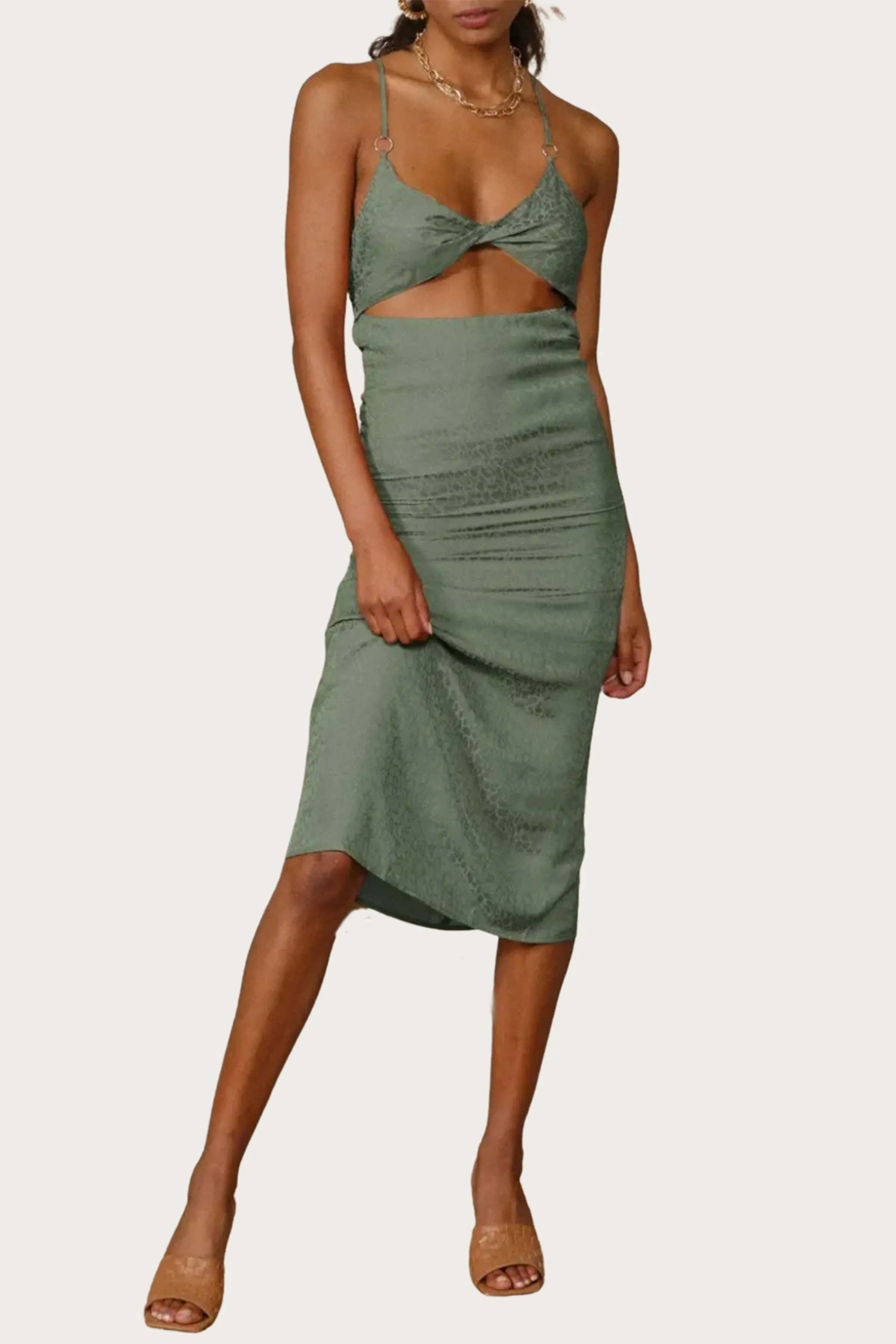 LEOPARD SATIN-JACQUARD TWISTED CUTOUT MIDI DRESS