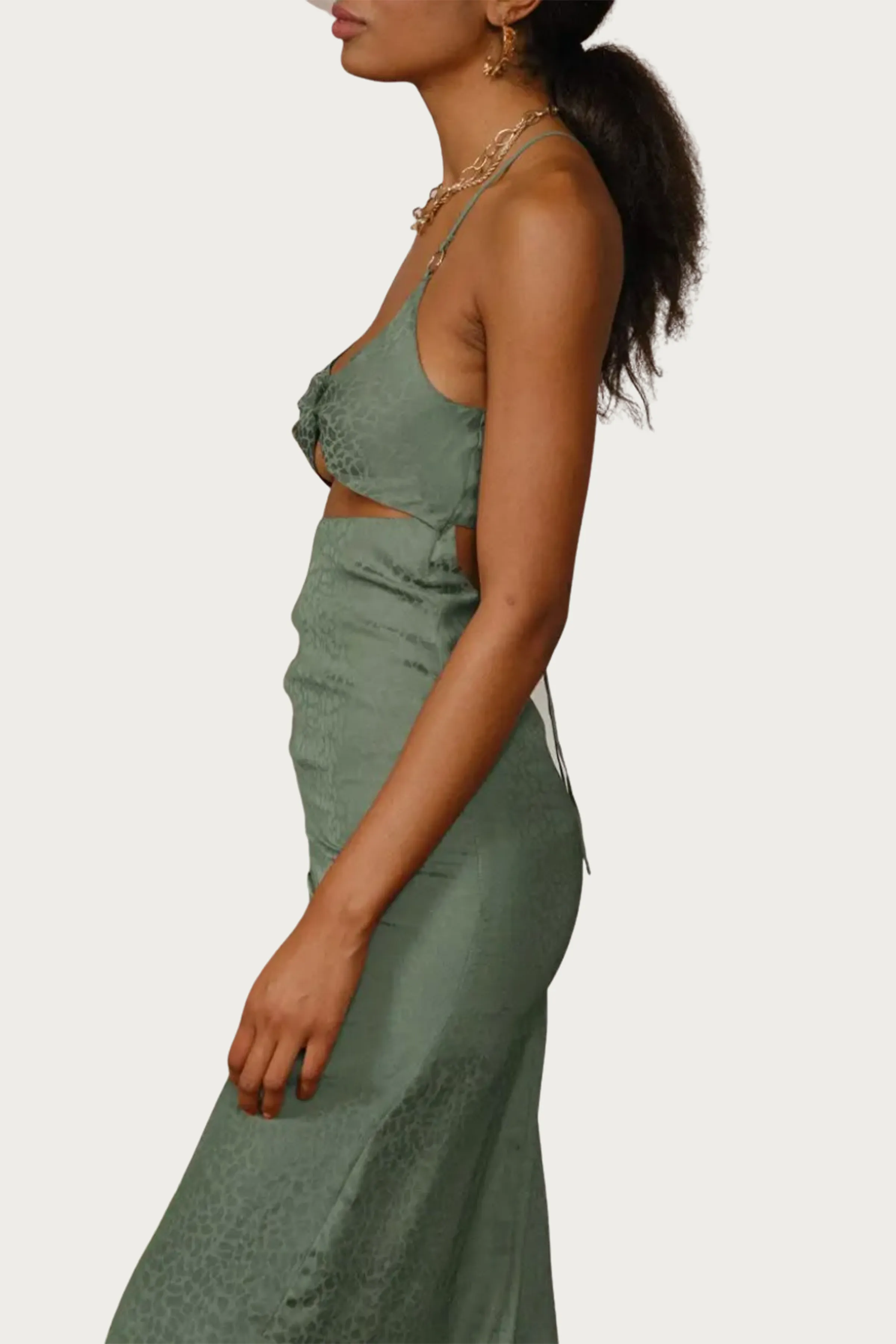 LEOPARD SATIN-JACQUARD TWISTED CUTOUT MIDI DRESS