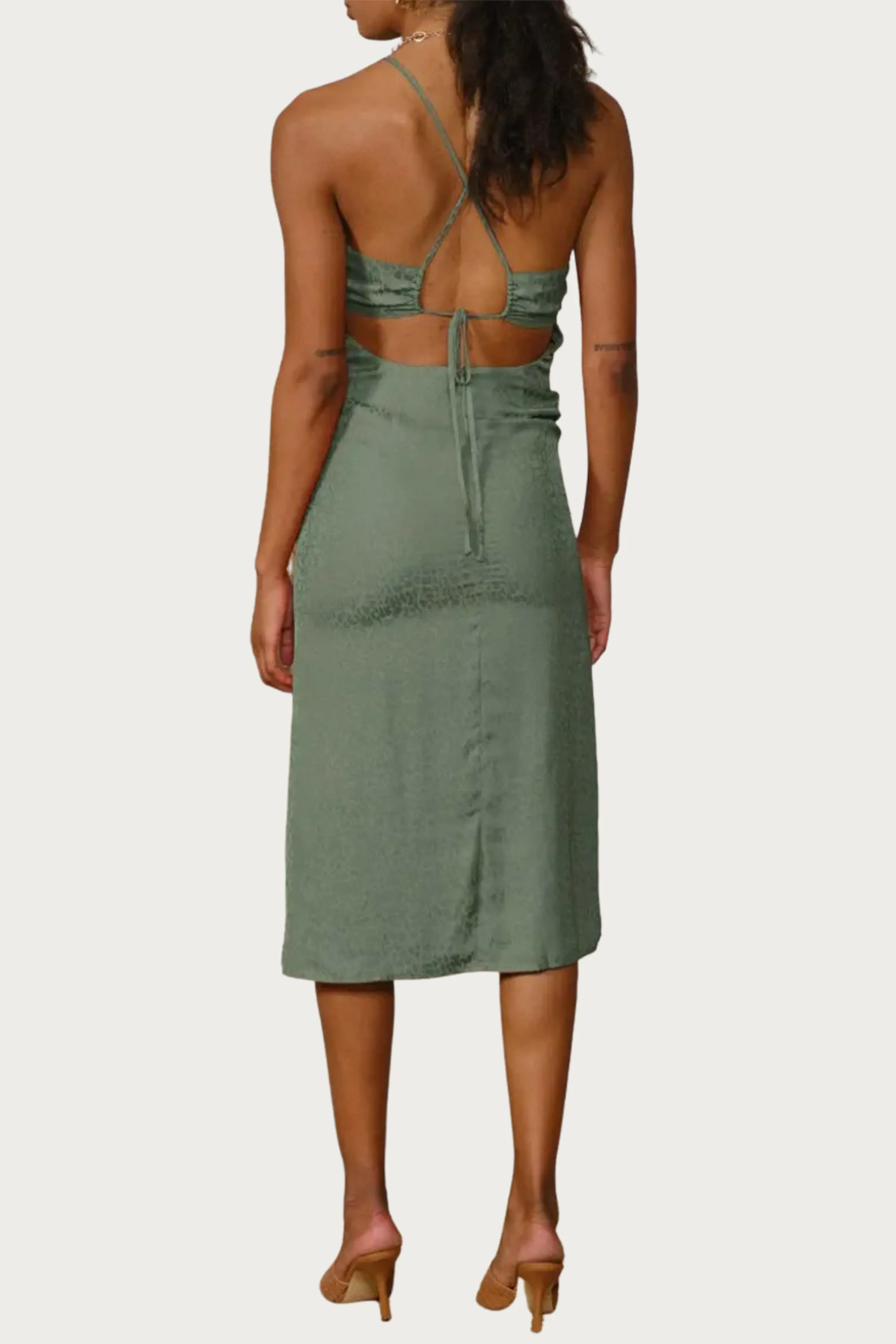LEOPARD SATIN-JACQUARD TWISTED CUTOUT MIDI DRESS