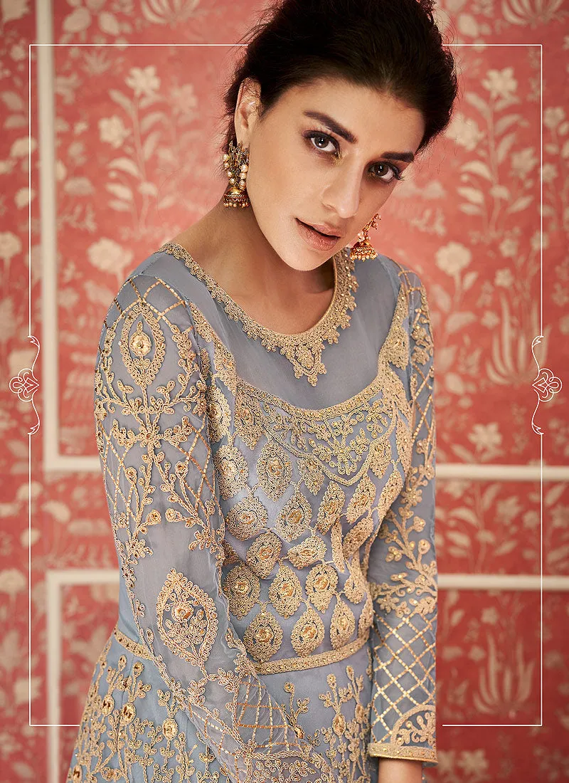 Light Blue Golden Embroidered Indian Anarkali Suit