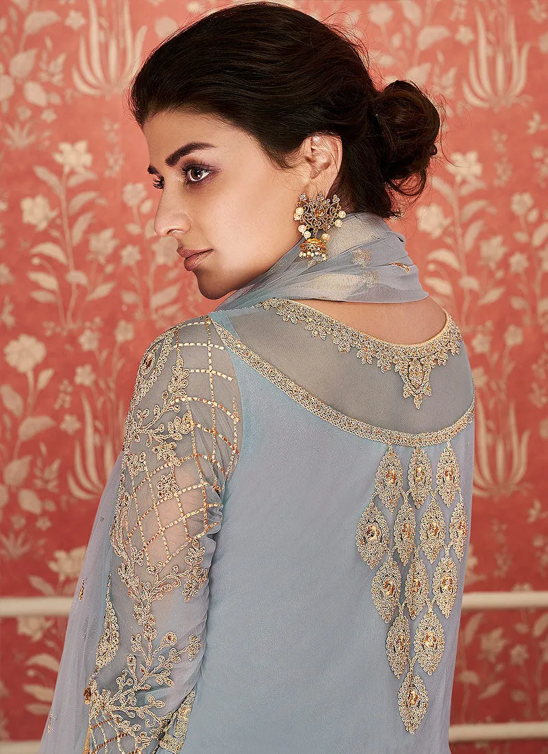 Light Blue Golden Embroidered Indian Anarkali Suit