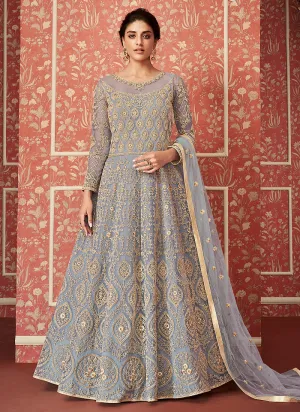 Light Blue Golden Embroidered Indian Anarkali Suit