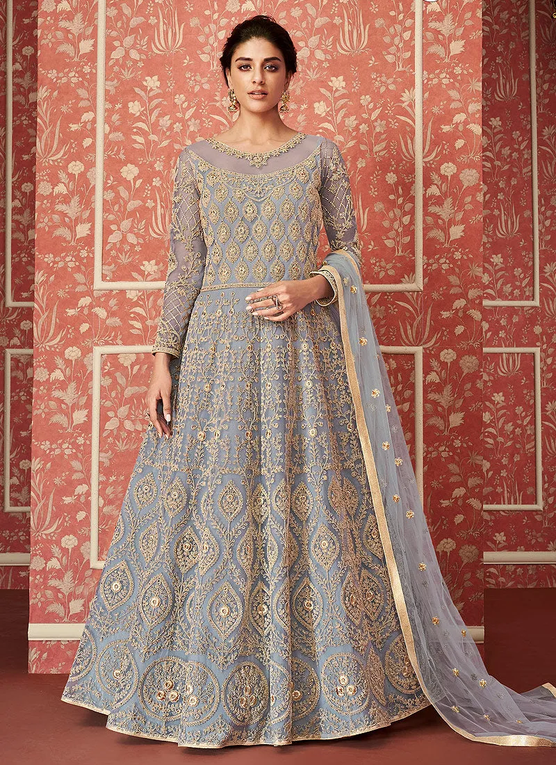 Light Blue Golden Embroidered Indian Anarkali Suit