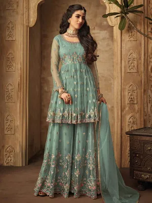 Light Blue Multi Zari Embroidered Designer Anarkali Gharara Suit