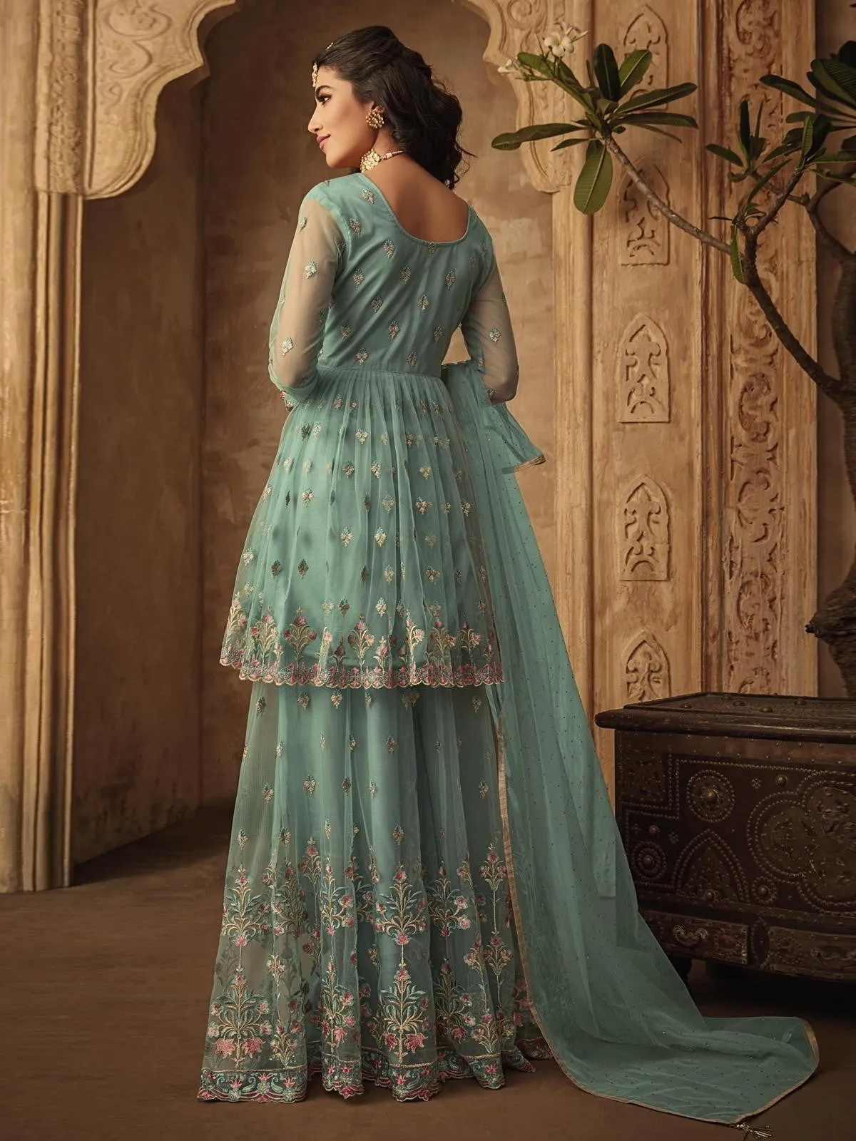 Light Blue Multi Zari Embroidered Designer Anarkali Gharara Suit