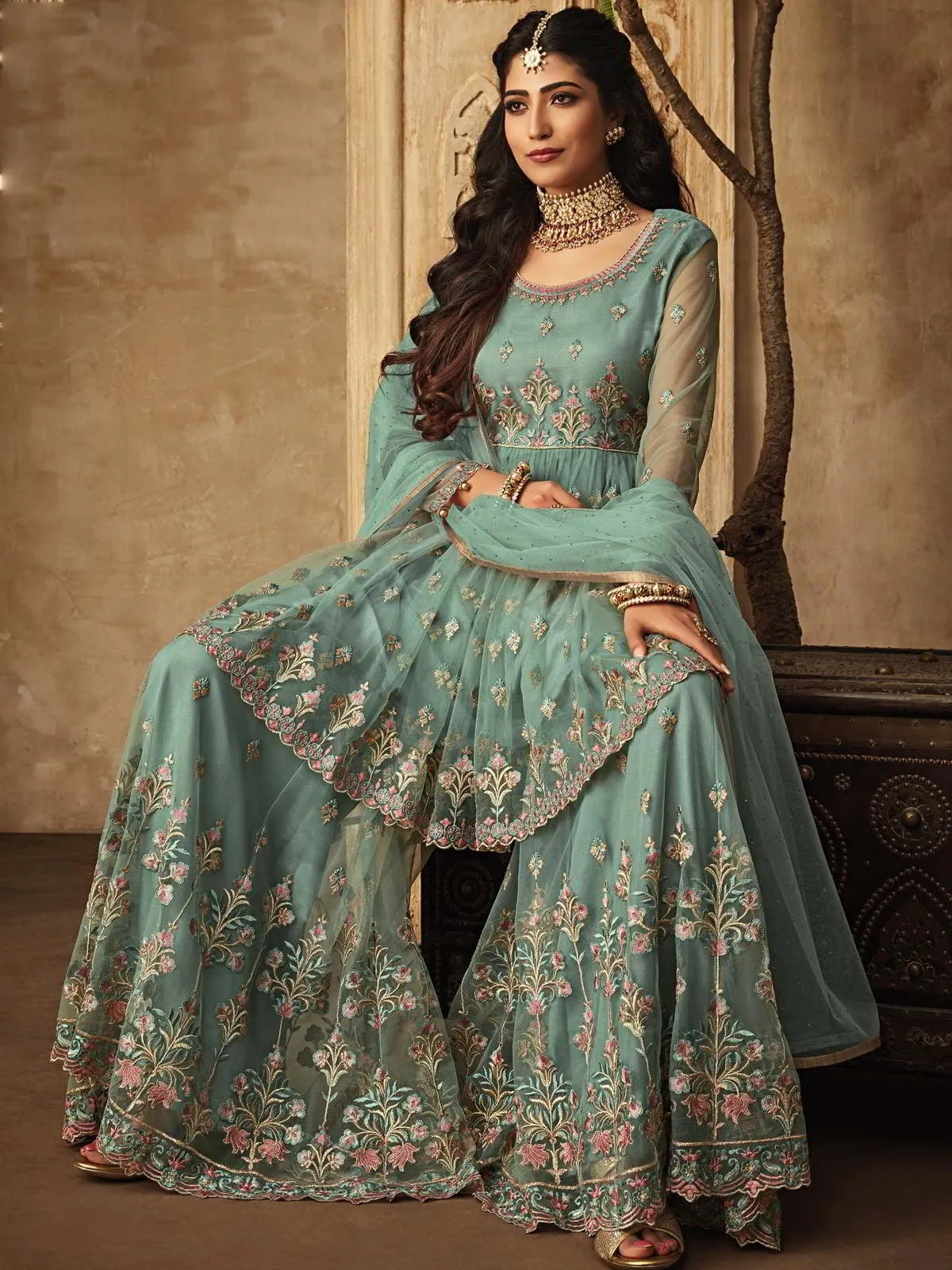 Light Blue Multi Zari Embroidered Designer Anarkali Gharara Suit