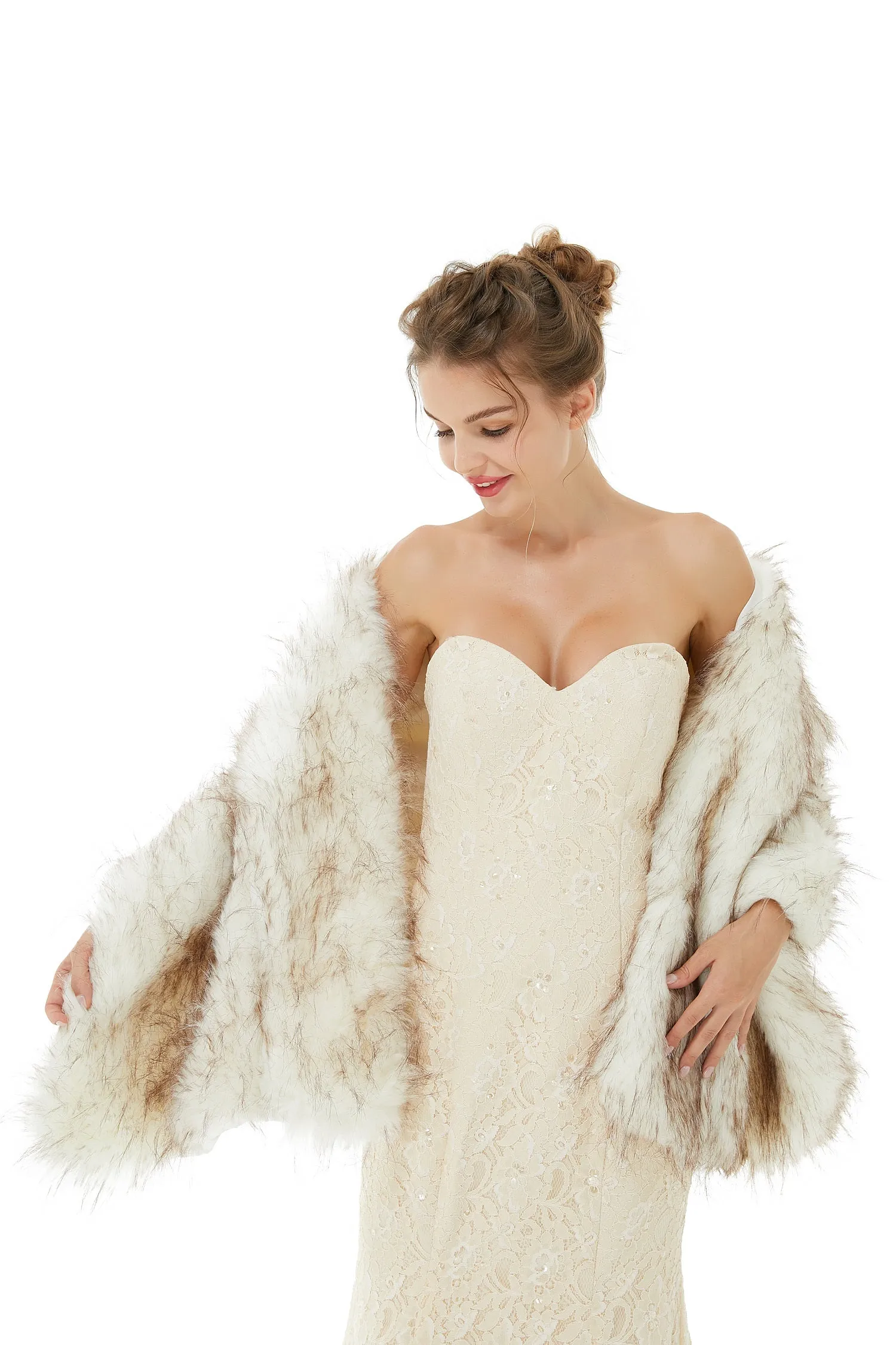 Light Brown Wedding Wrap Faux Fur Sleeveless Open Front Bridal Shawl