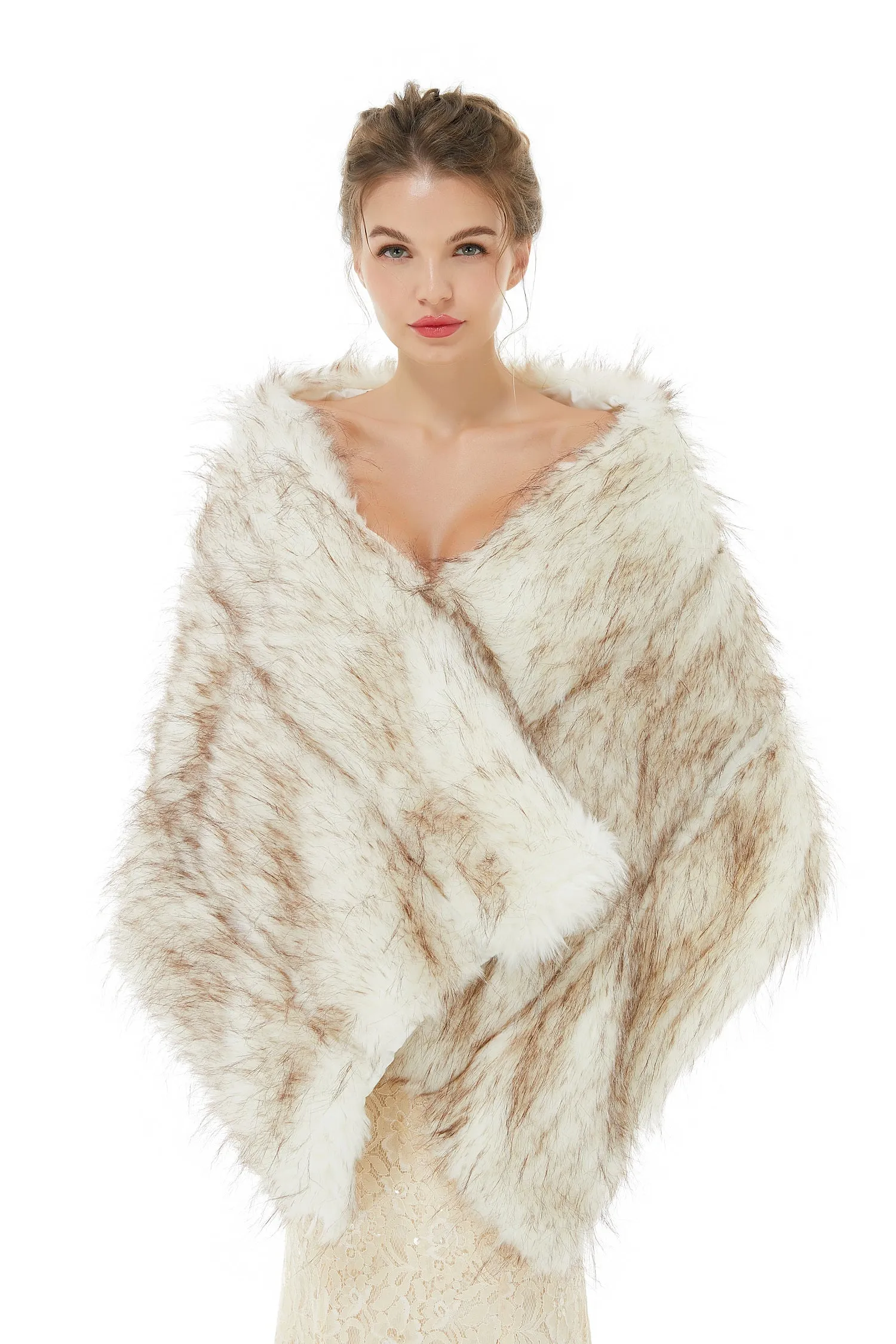 Light Brown Wedding Wrap Faux Fur Sleeveless Open Front Bridal Shawl